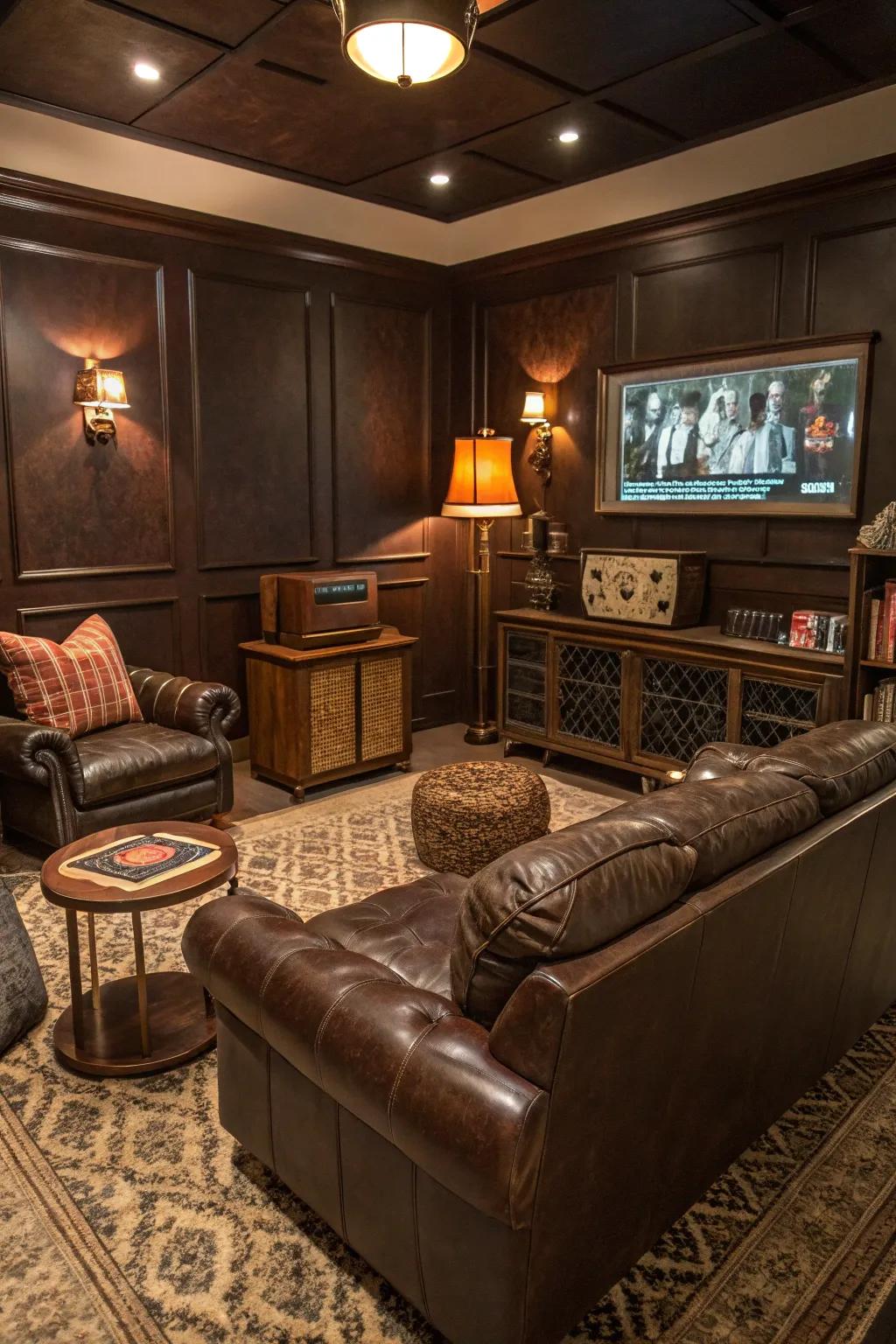 A classic media room with dark brown walls, ideal for timeless elegance.