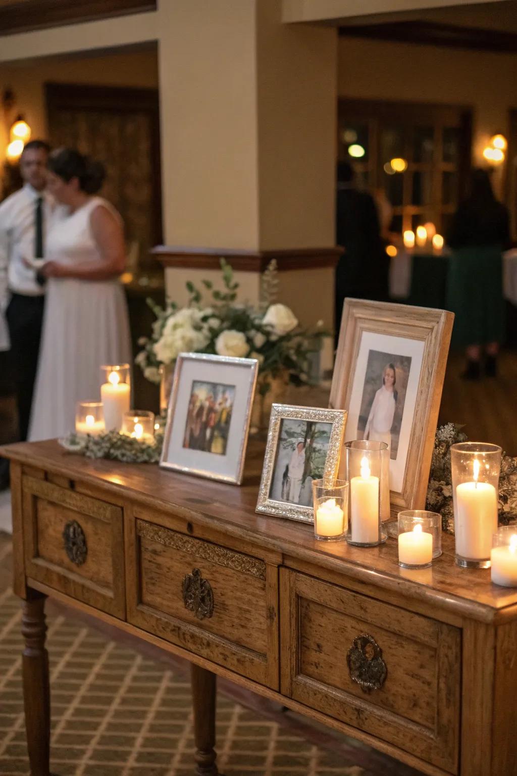 An heirloom table adds historical depth and meaningful context to the presentation.