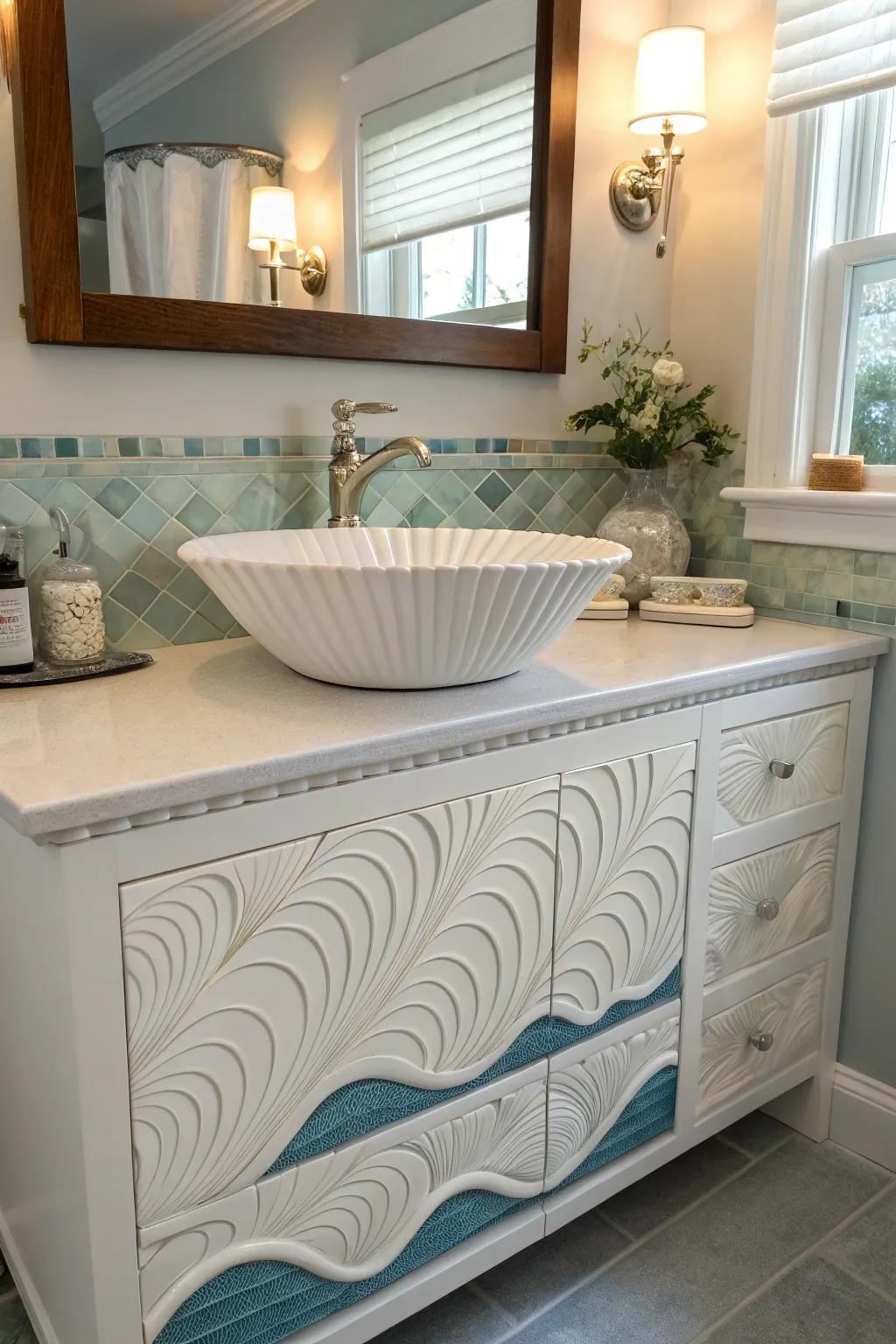 A shell-inspired basin introduces a unique charm to the bathroom.