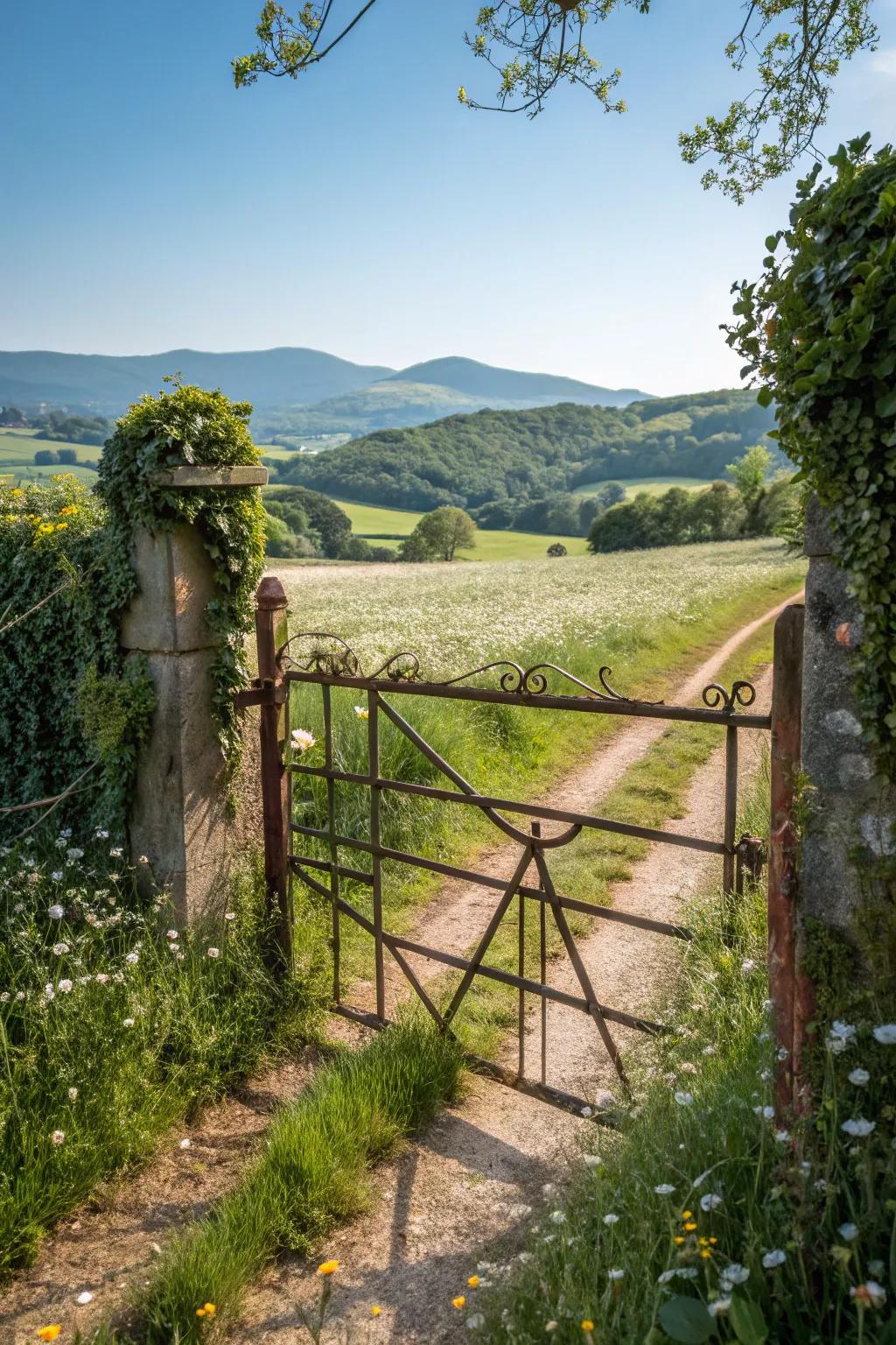 A country metal gate that conveys a sense of sentimentality and allure.
