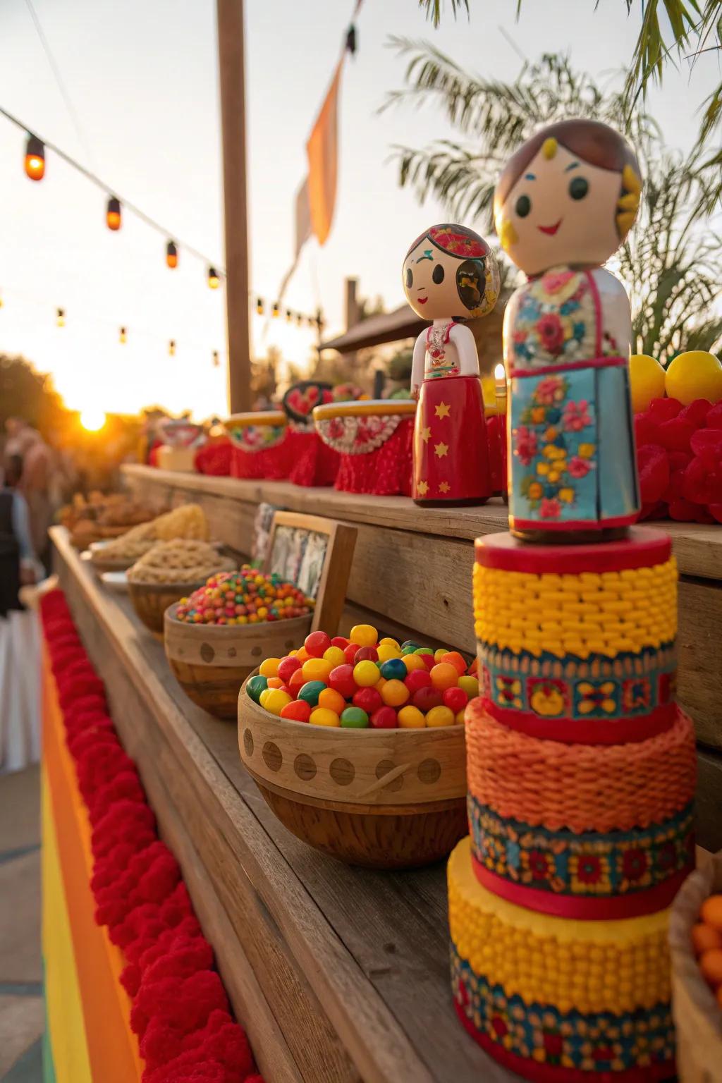 Introduce a touch of tradition with miniature Mexican figures, adding warmth and culture to your candy buffet.