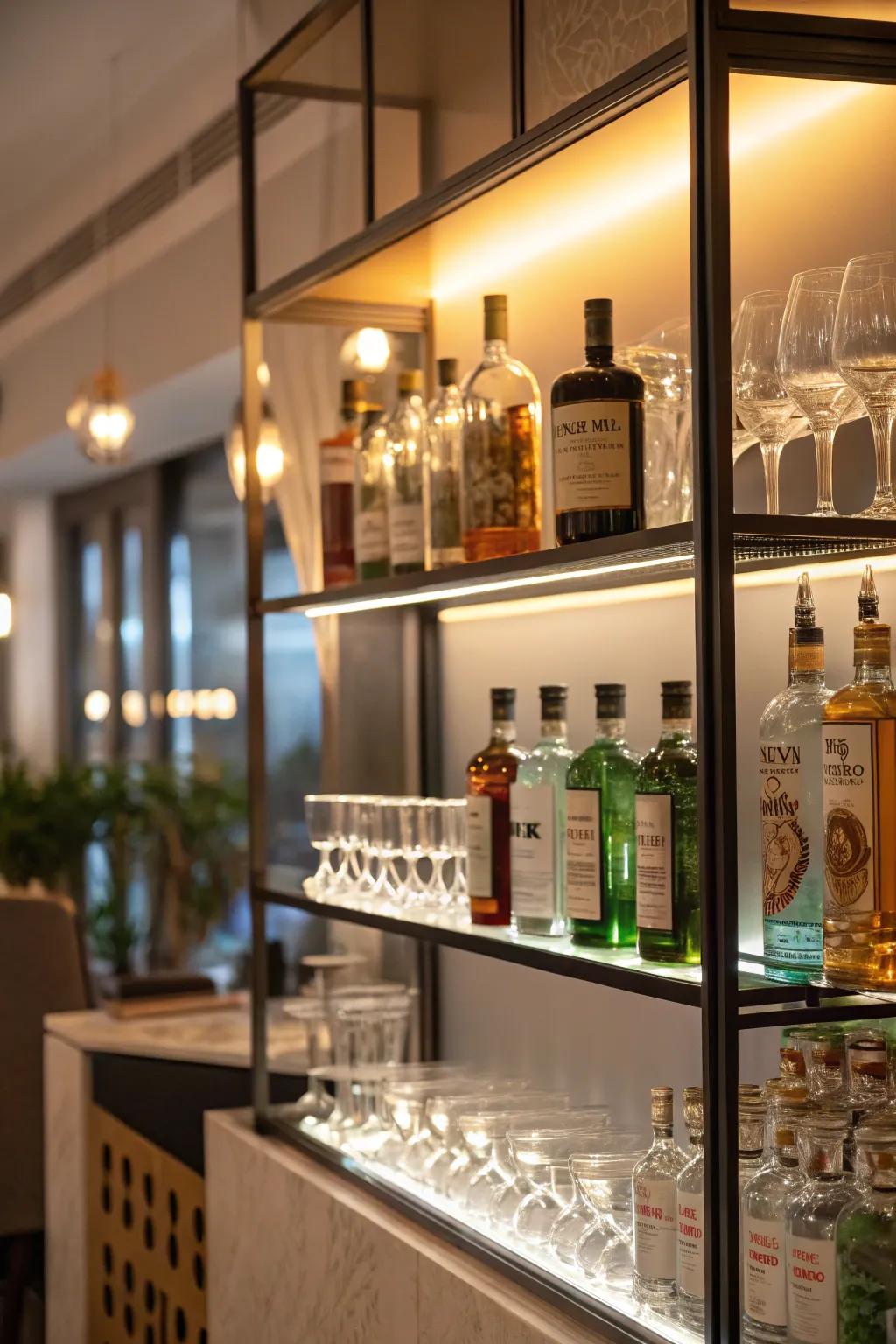 Open shelf lighting transforms bottles into artistic displays.