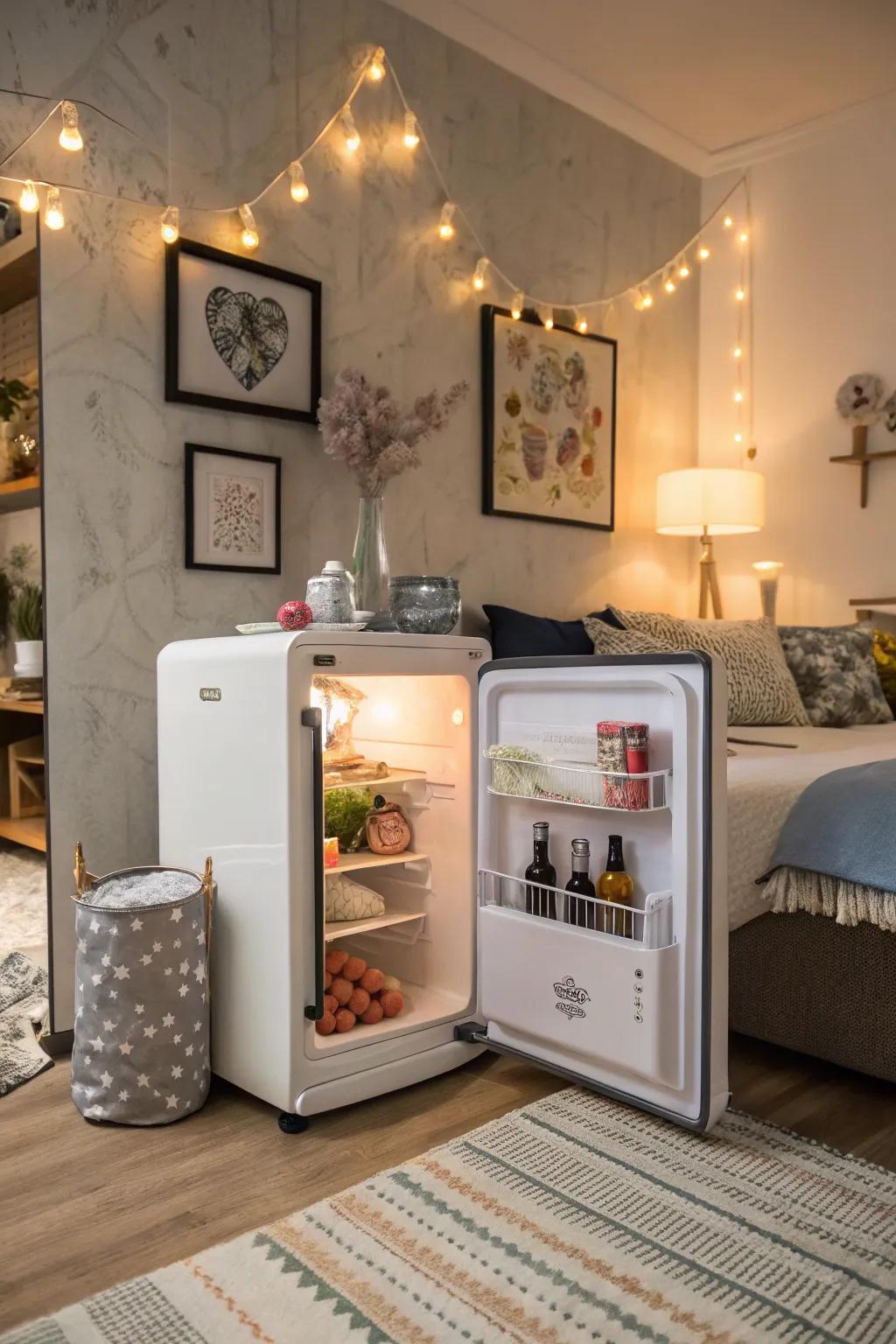 A miniature refrigerator effortlessly integrated into a themed bedroom.