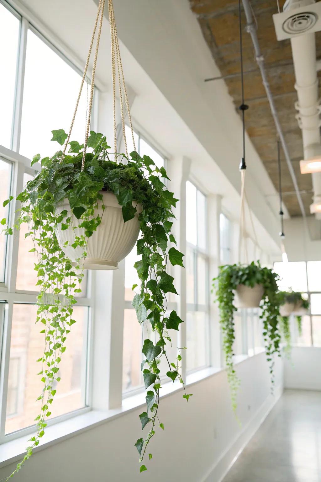 Refined suspended containers displaying trailing ivy in a contemporary workspace.