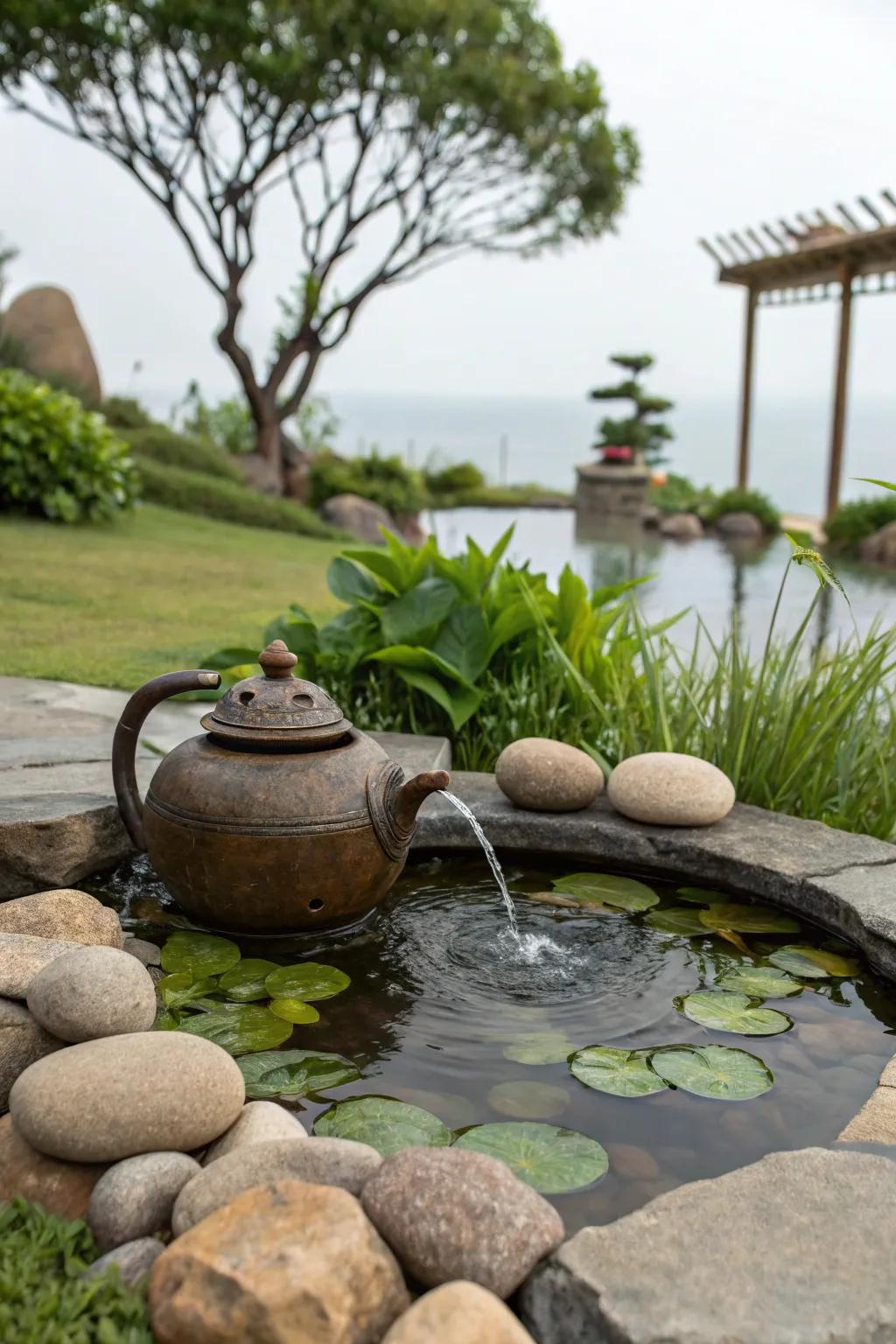 A charming accent fountain adds a playful touch to a mini pond.