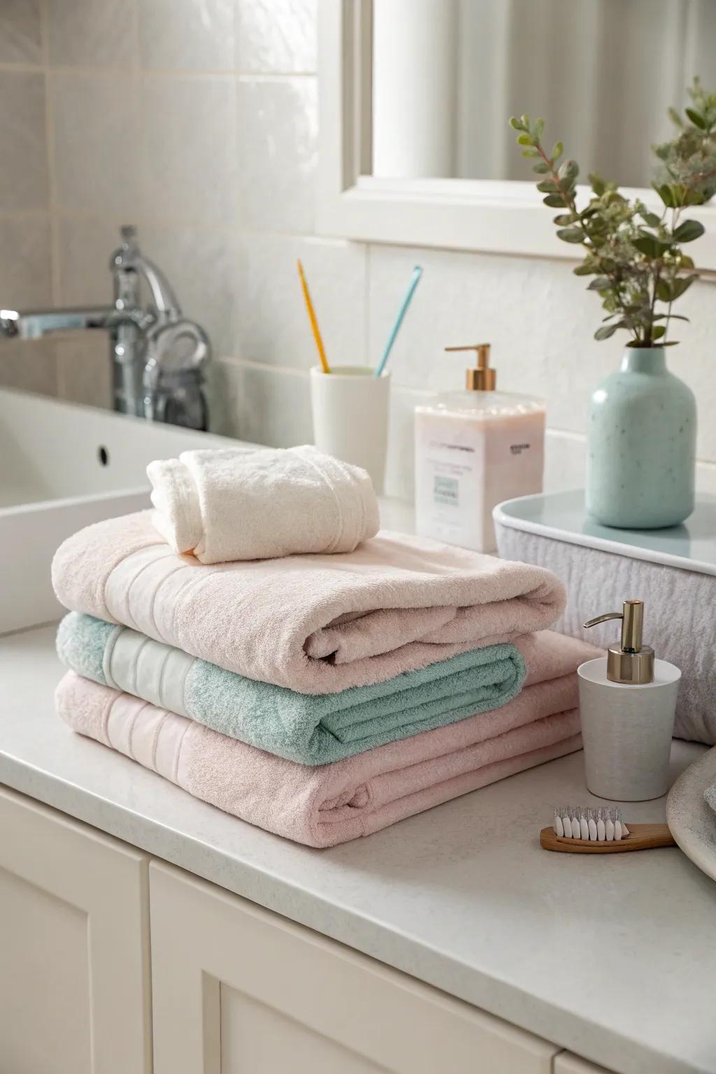 A pop of pastel brings a cheerful touch to the bathroom.