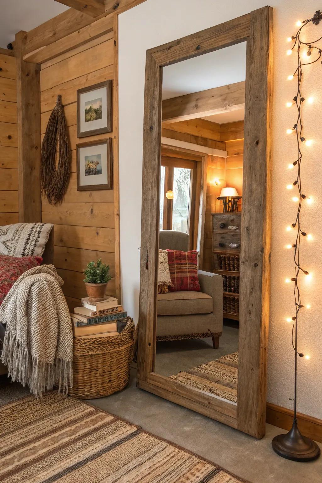 A rustic wood frame mirror enhances a cozy cottage-style living room.