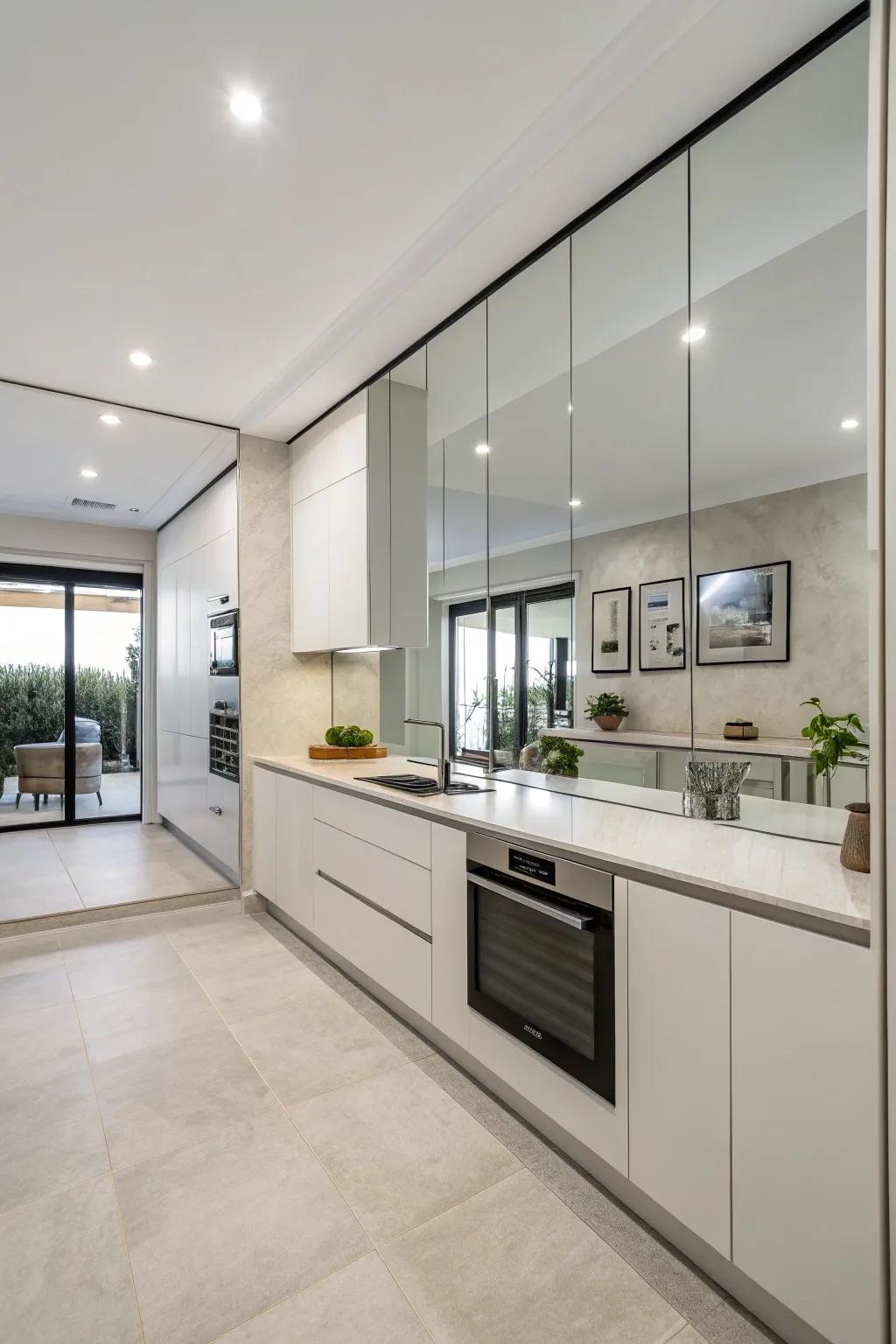 Frameless mirrors in a minimalist kitchen, offering a streamlined and contemporary feel.