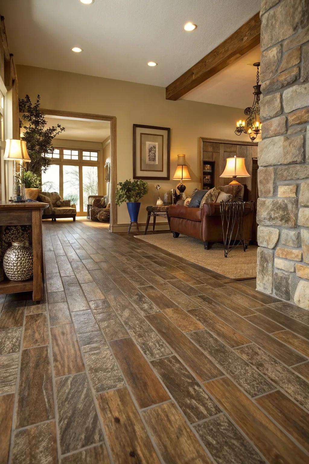 Vinyl flooring mimics timber and rock for a versatile design.