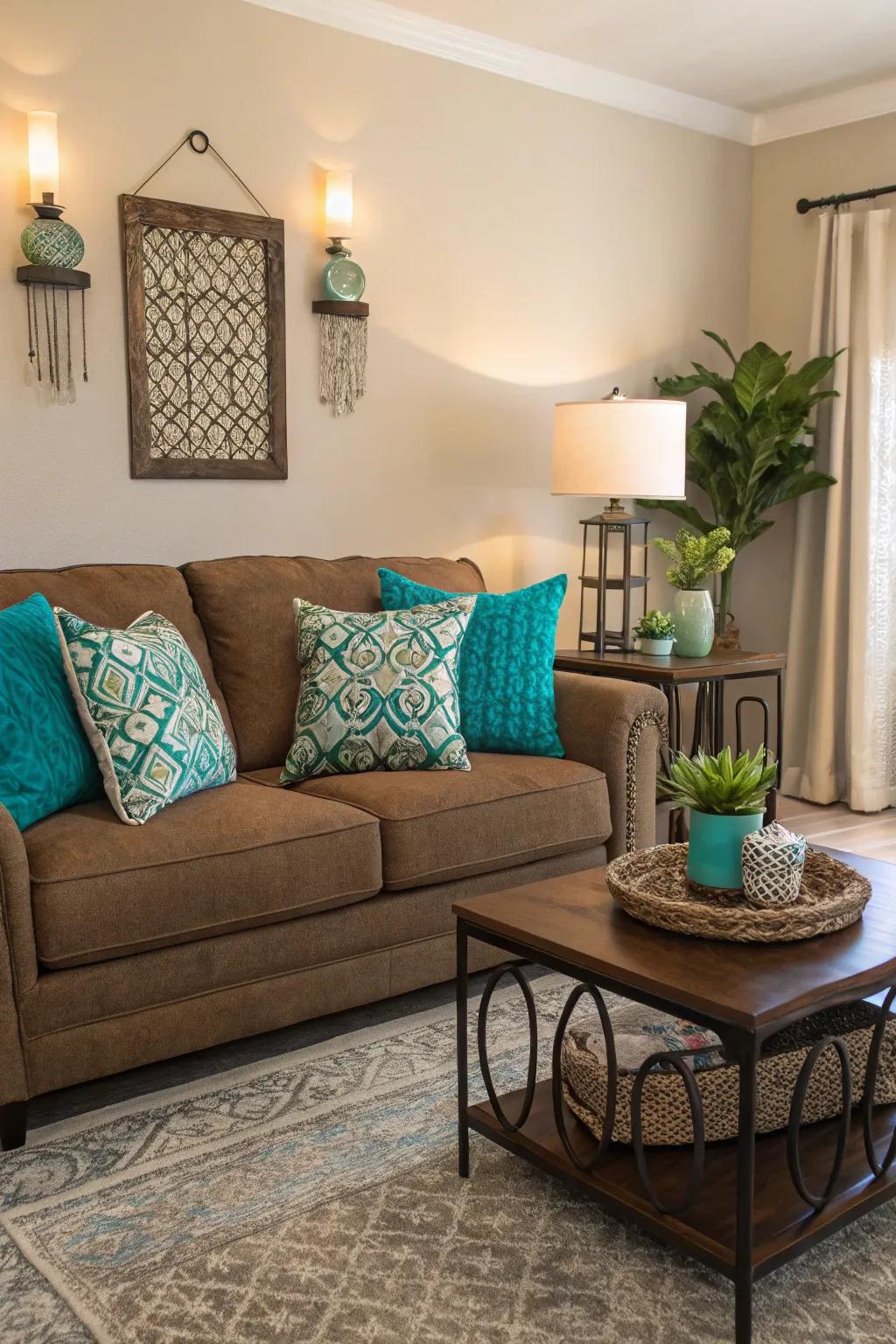 The splash of color brings excitement to the chocolate-brown sofa configuration.