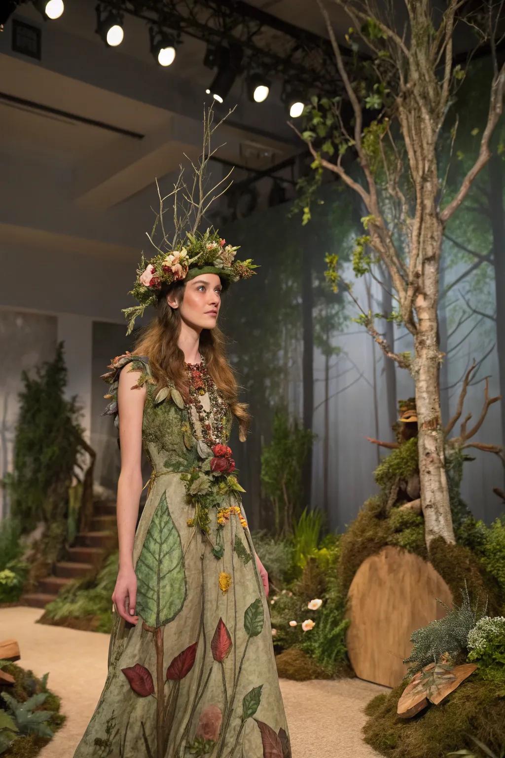 A charming woodland being appearance with natural elements.