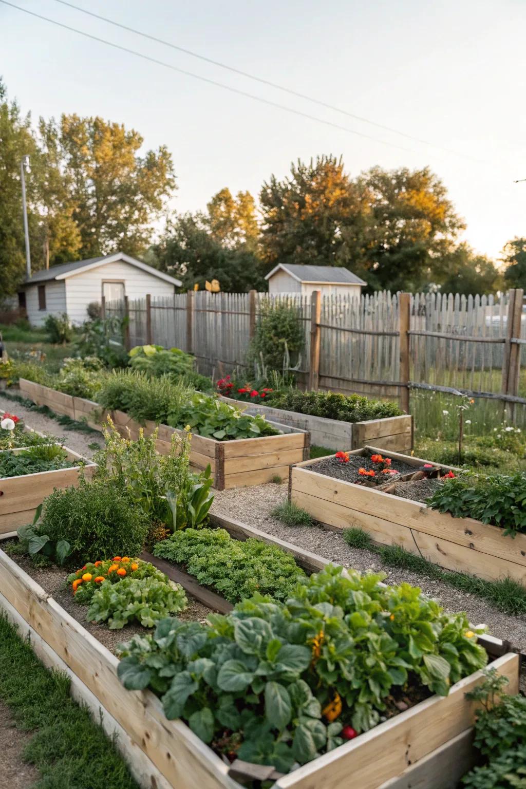 An edible garden oasis featuring raised beds in a backyard.
