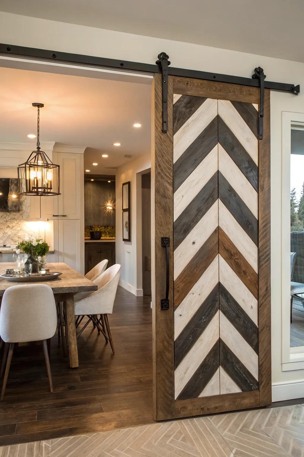 Chevron patterns create visual interest and style on barn doors.