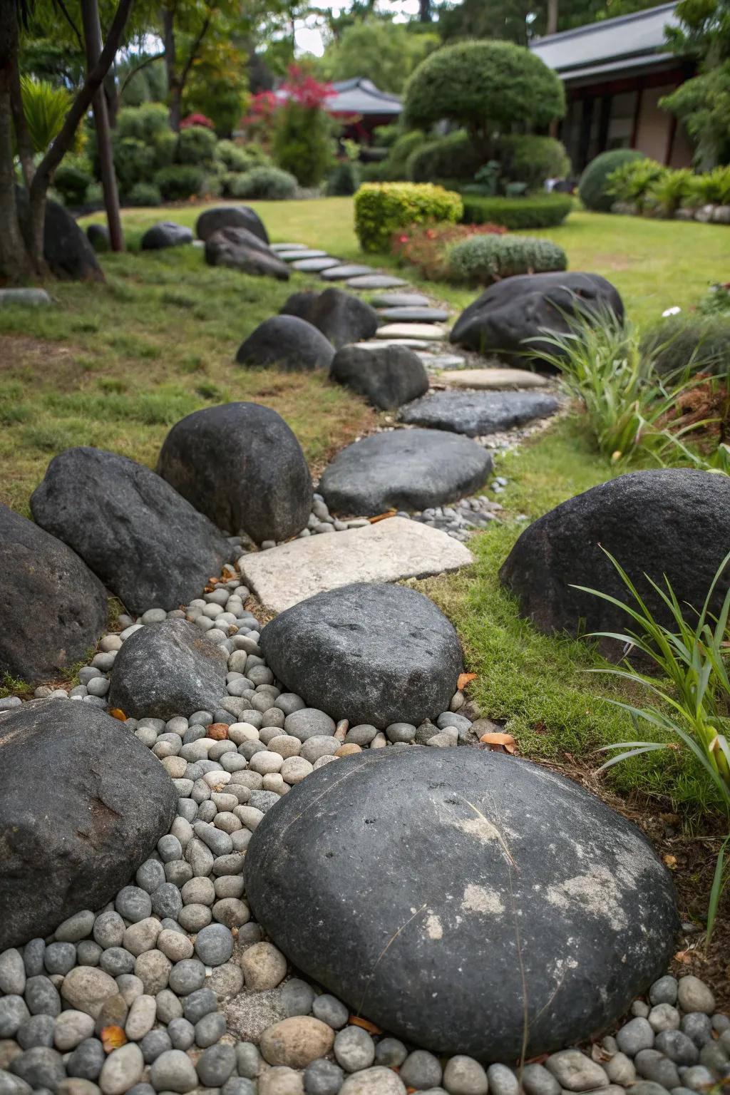 Differently sized dark stones creating a textured garden surface.
