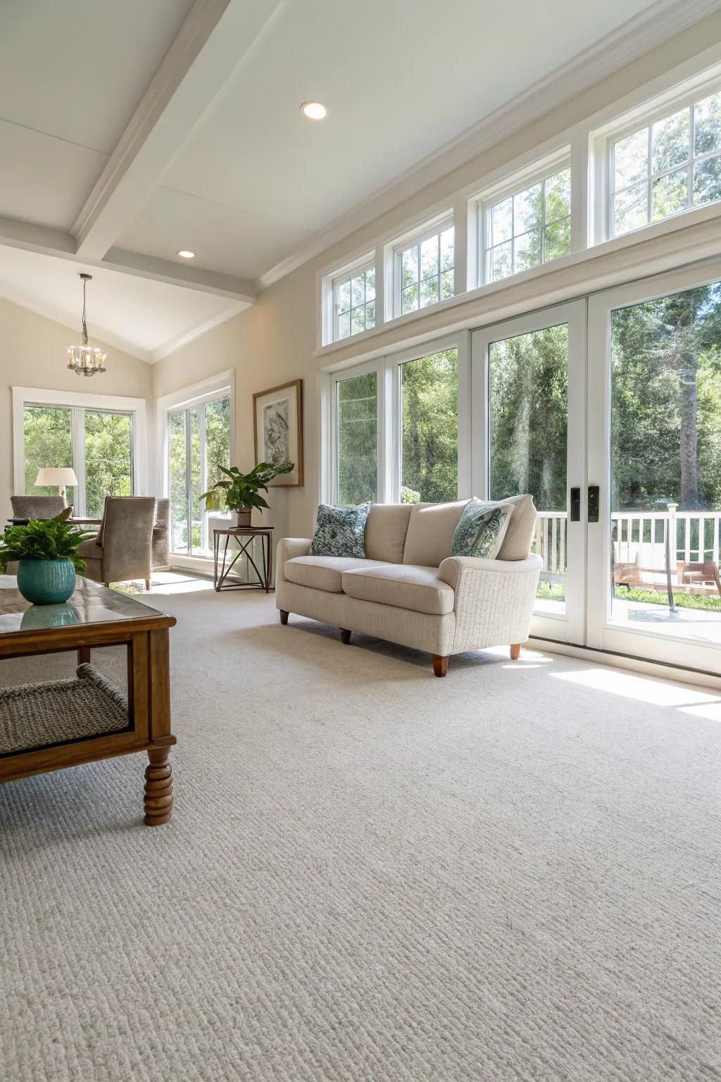 Open-concept living area with a light-colored carpet enhancing the airy feel.