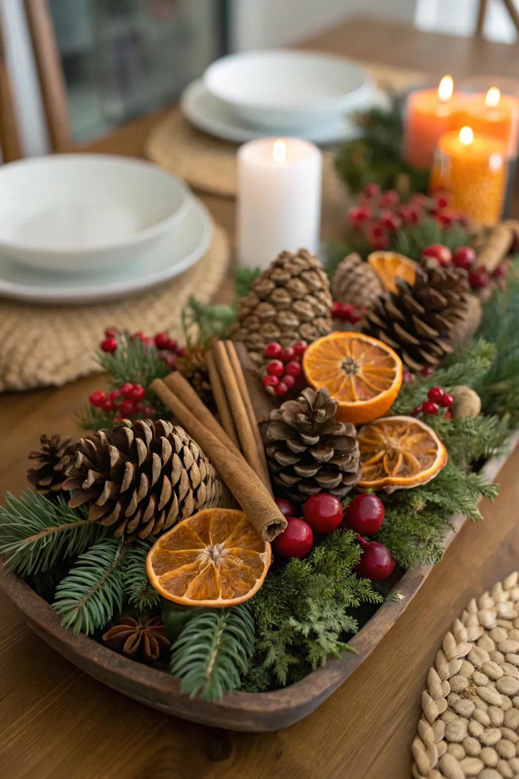 A rustic centerpiece employing cone fruits and dehydrated fruits for Christmas.