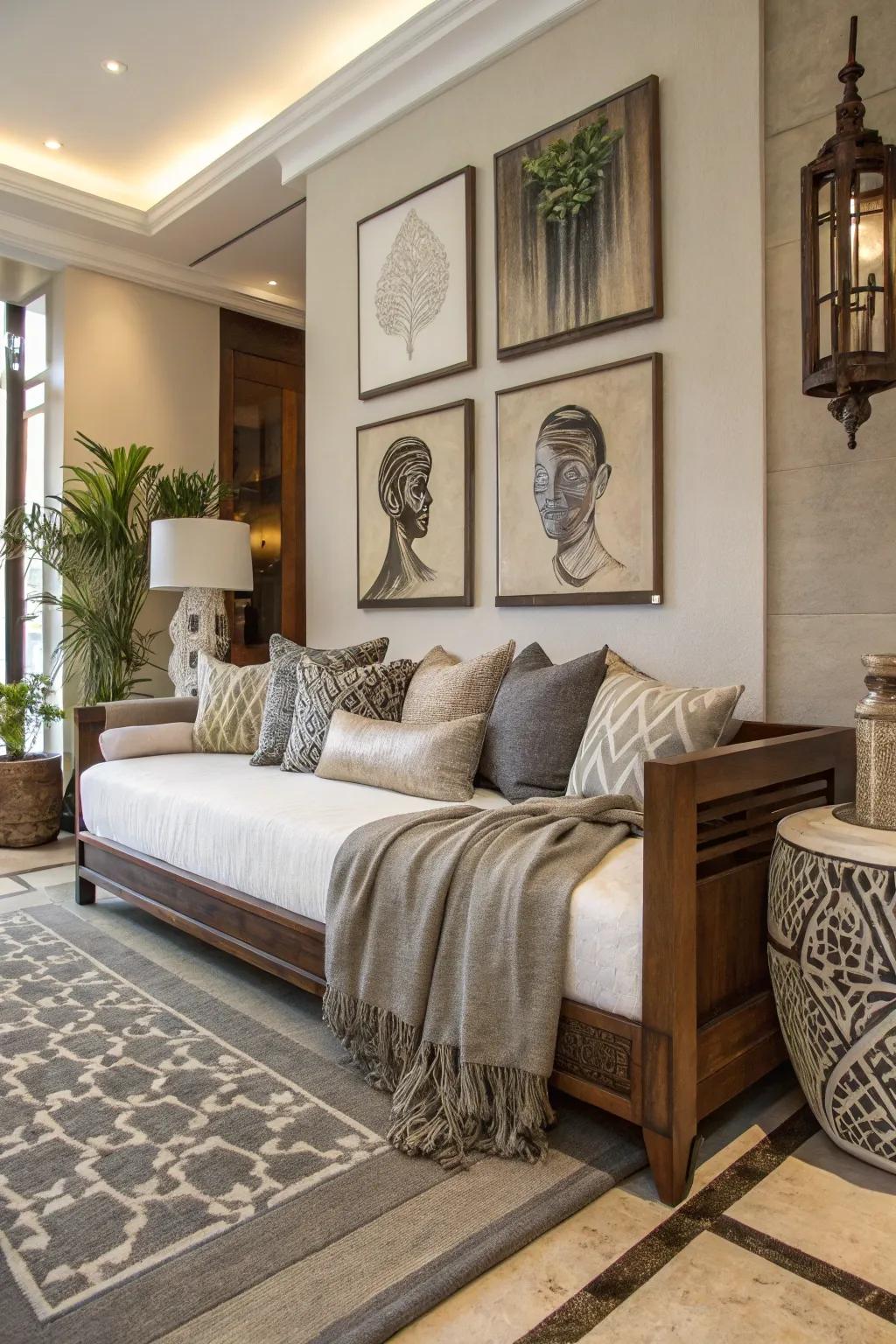 Modern art pieces deliver a striking setting for a contemporary daybed.