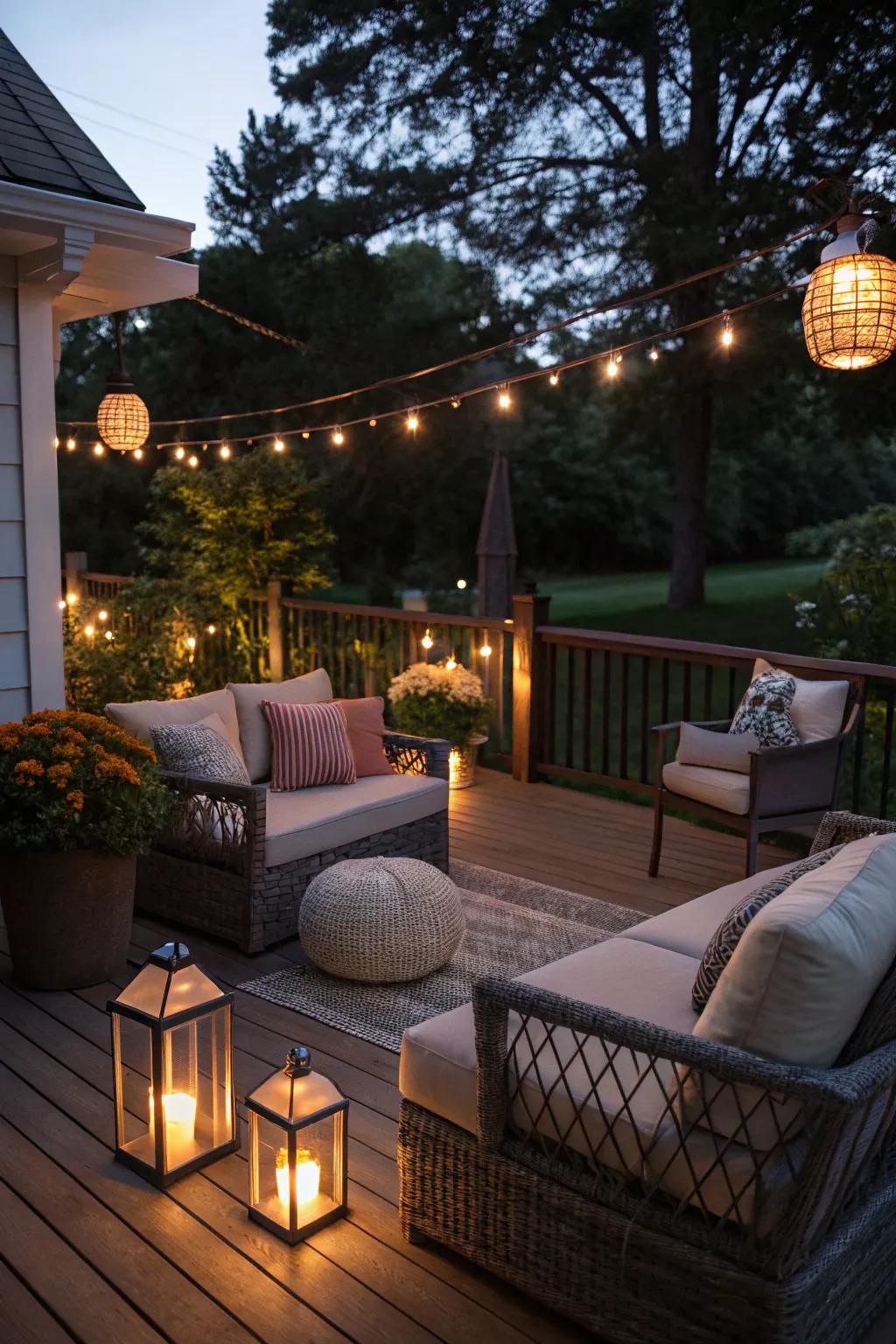 A deck lit up for cozy and attractive evenings.