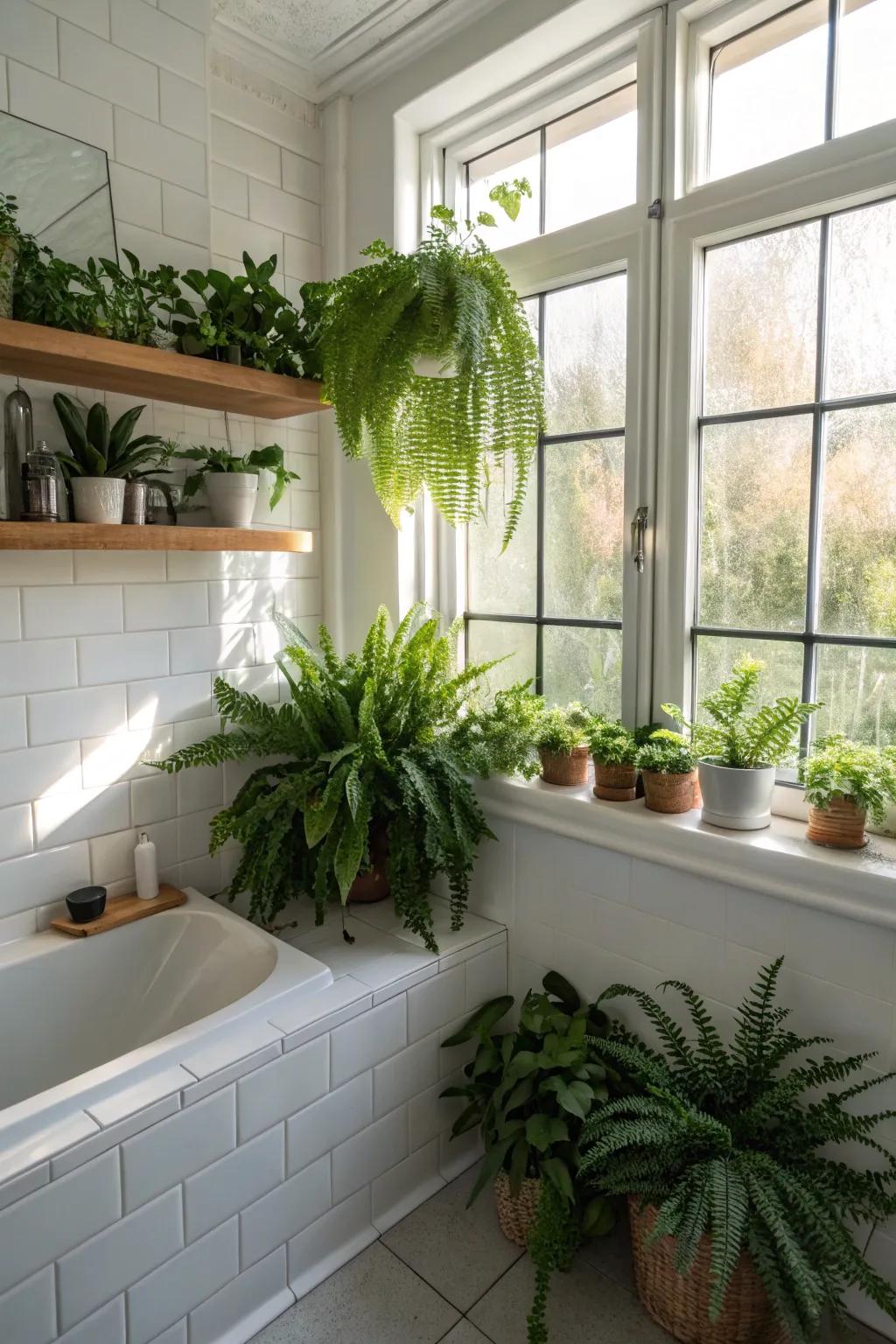 Greenery adds a revitalizing touch of nature to the bathroom.