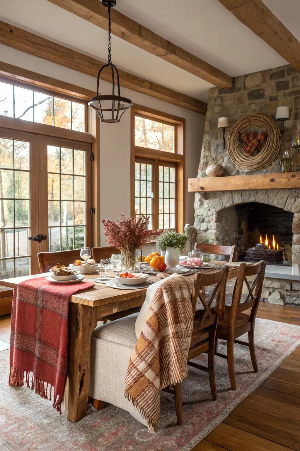 Comfort and style converge in a cozy farmhouse dining area.