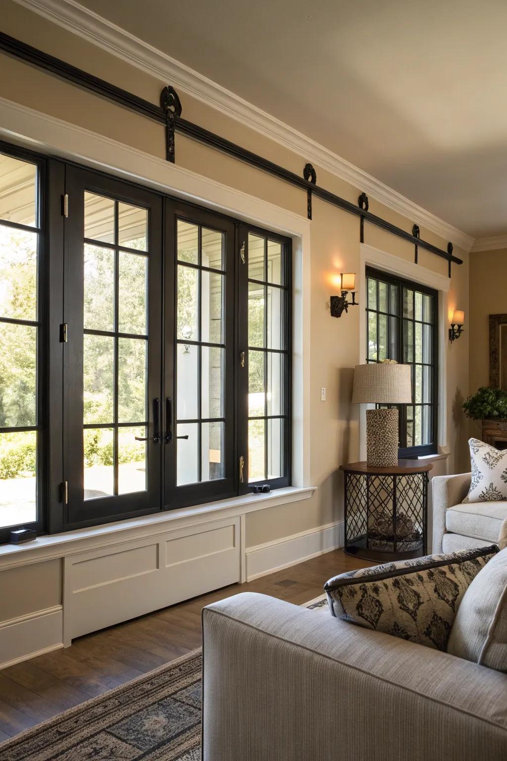 Black features provide striking contrast in this modern farmhouse interior.