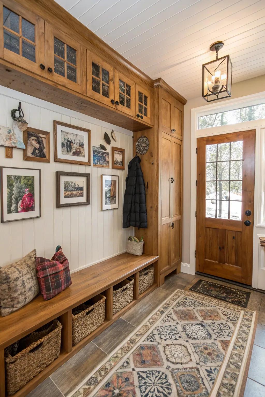 Personalized mudroom with family photos and art pieces.