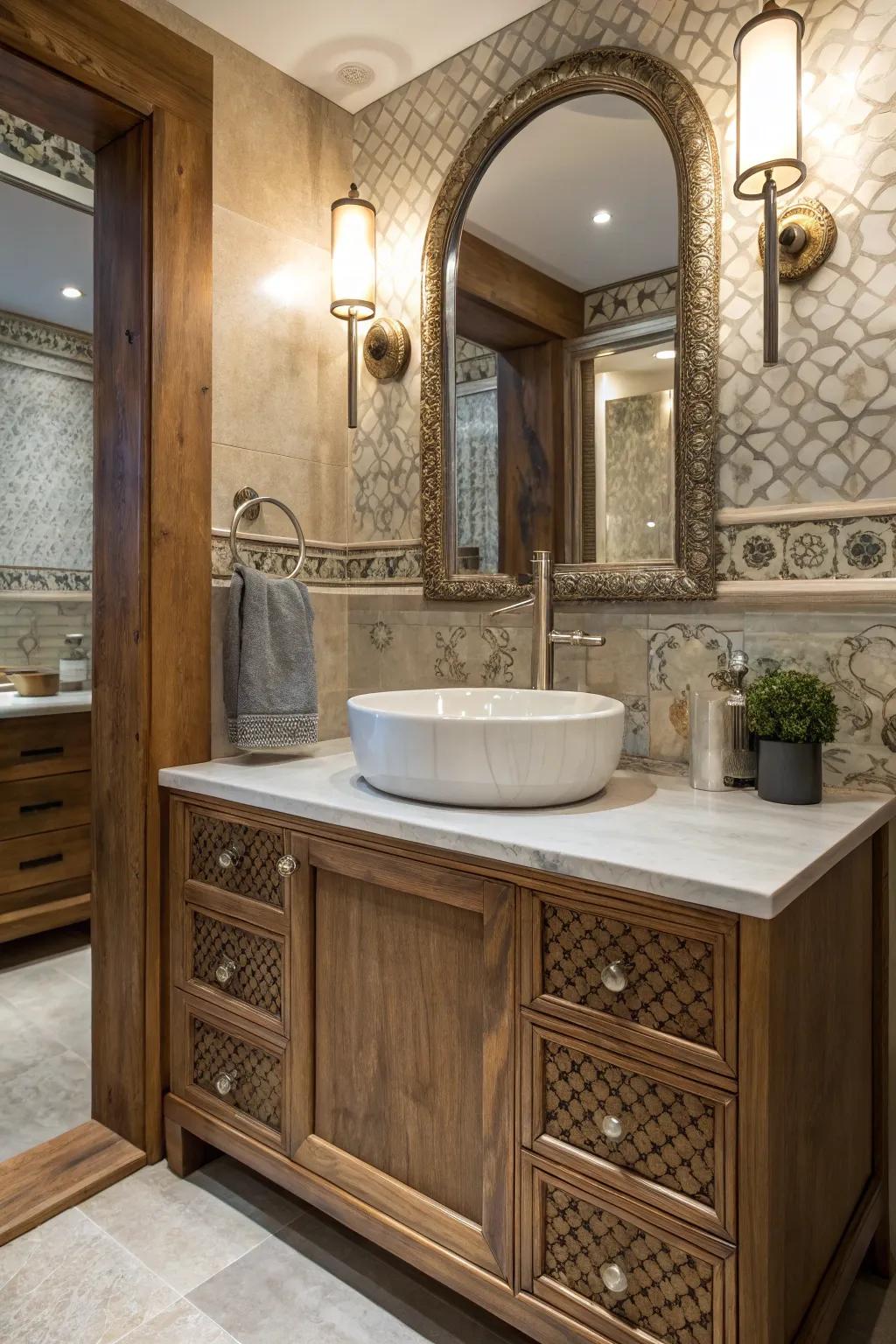 A mix of wood, metal, and ceramic materials in a powder room.