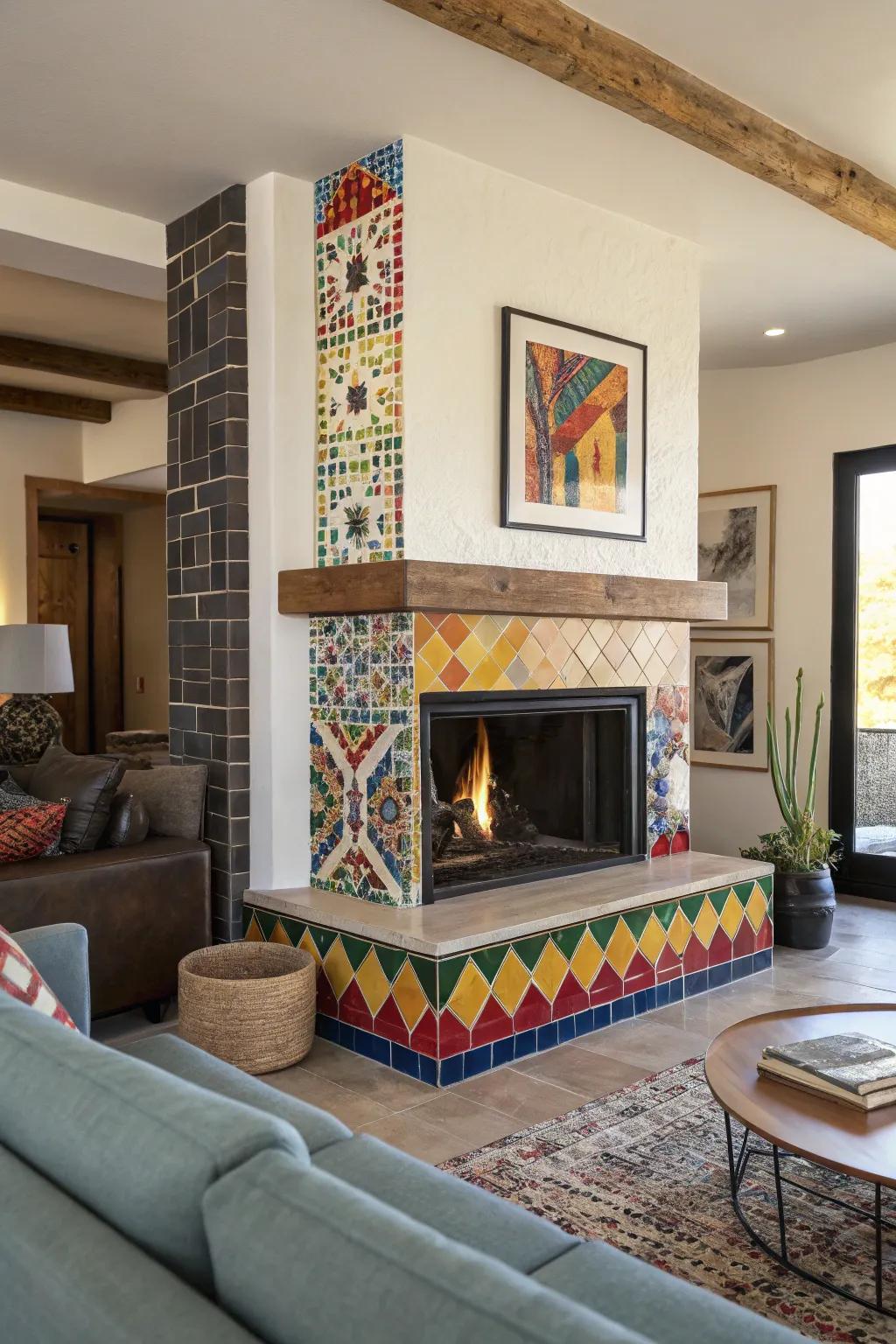 A fireplace with a mosaic tile surround, contributing artistic charm to the space.