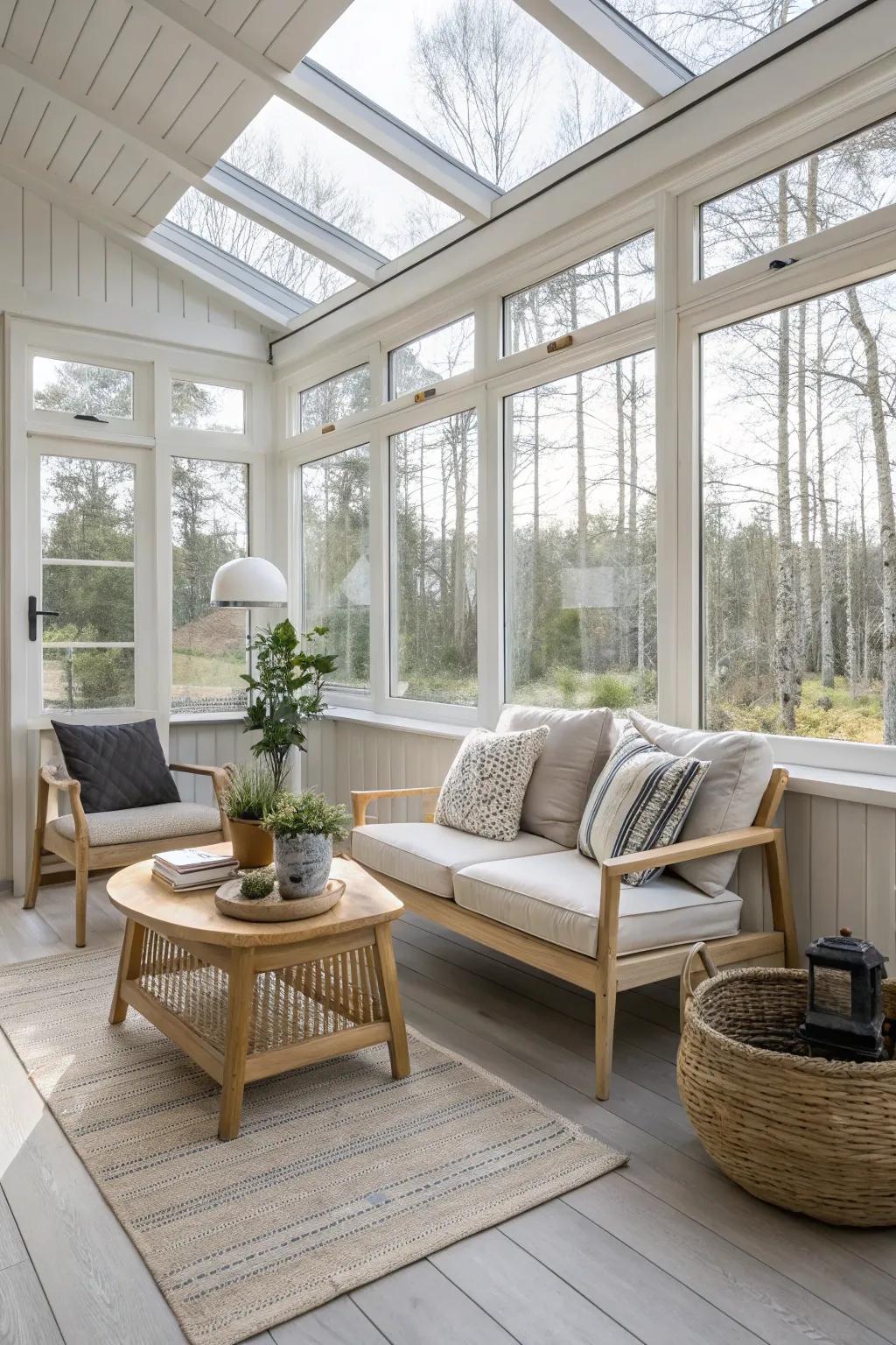 Scandinavian minimalist style brings a serene ambiance to this sunroom.