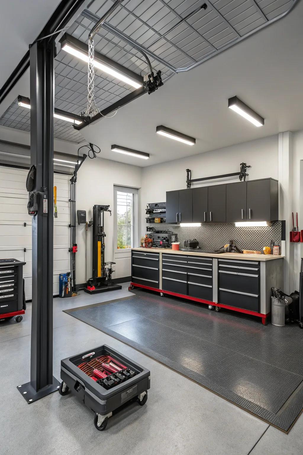 Improve your garage’s functionality with specialized work areas.