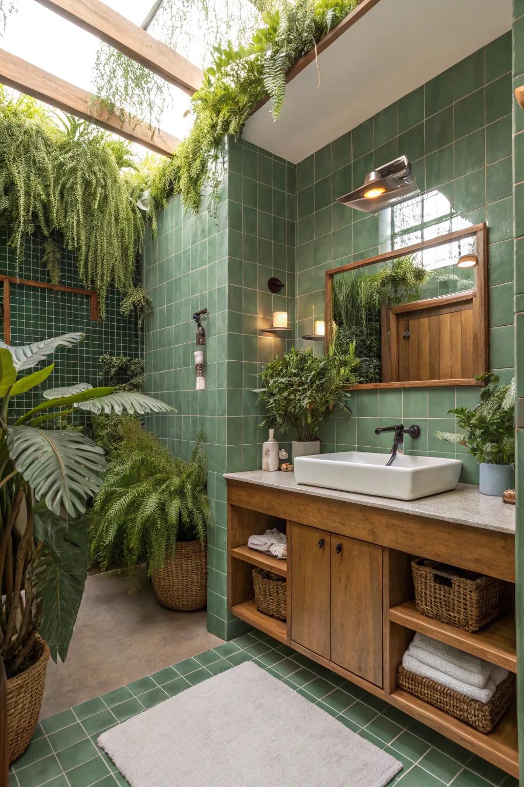 Nature indoors using green tiles and natural accents.