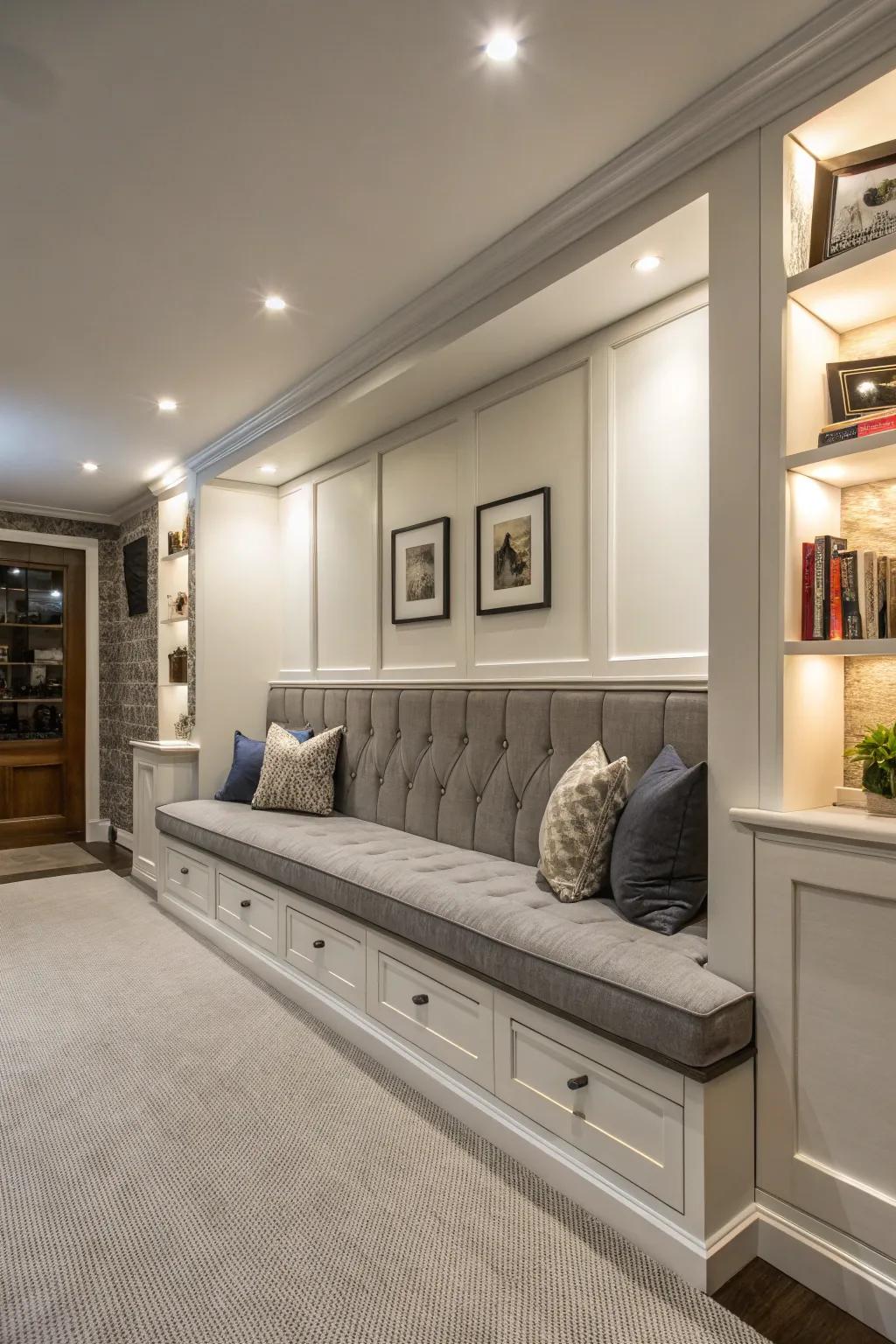 A half wall complete with factory-made seating erects an inviting and useful space.