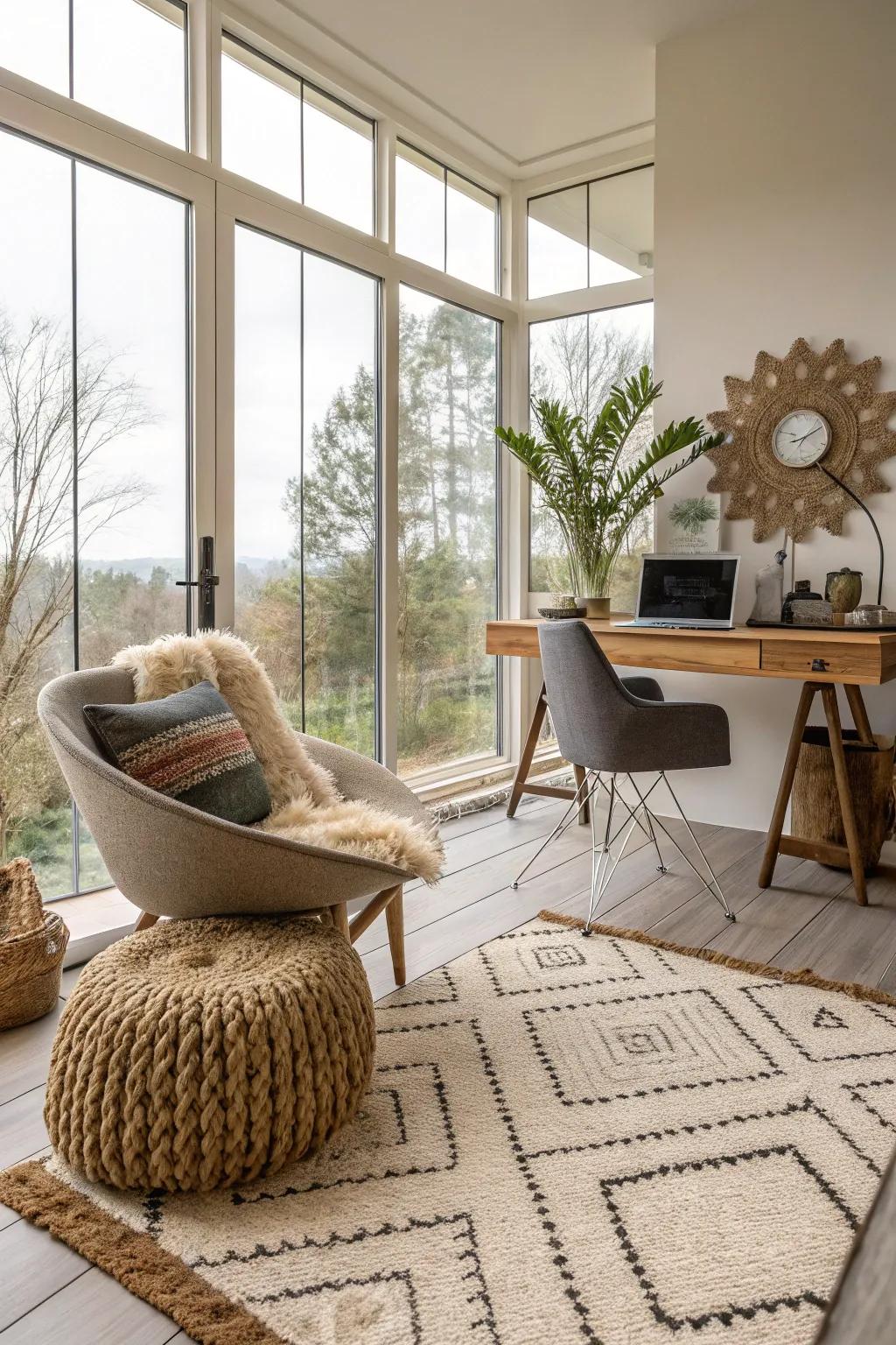 Textural components adding depth to a home office.