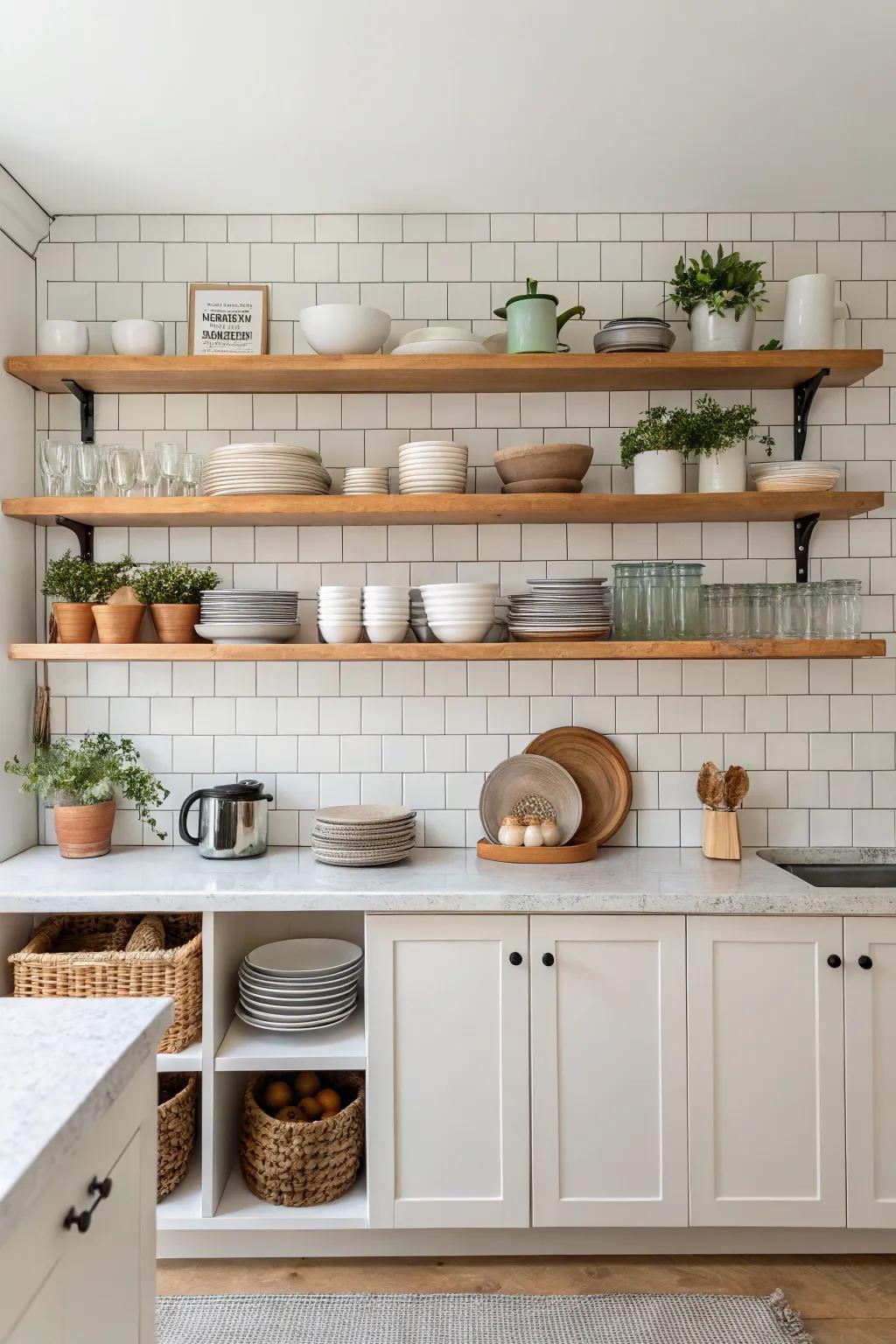 Open shelving paired with a tile backdrop for a personal touch.