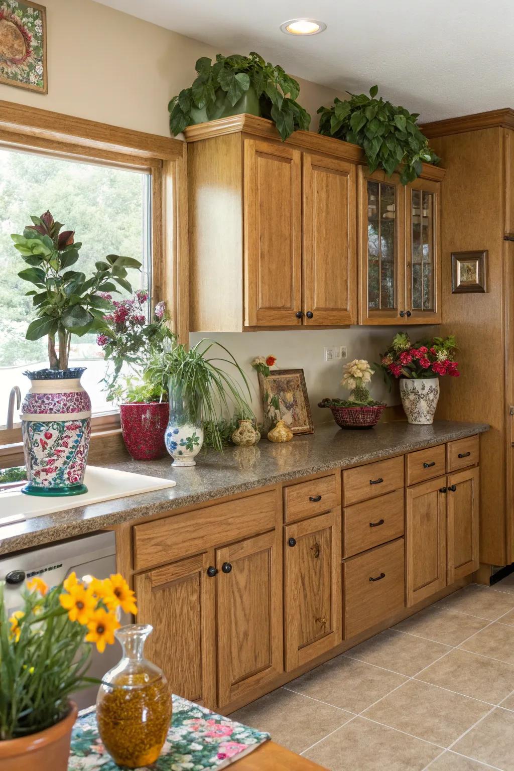 Decorative objects add character and coziness to kitchens with oak cabinets.