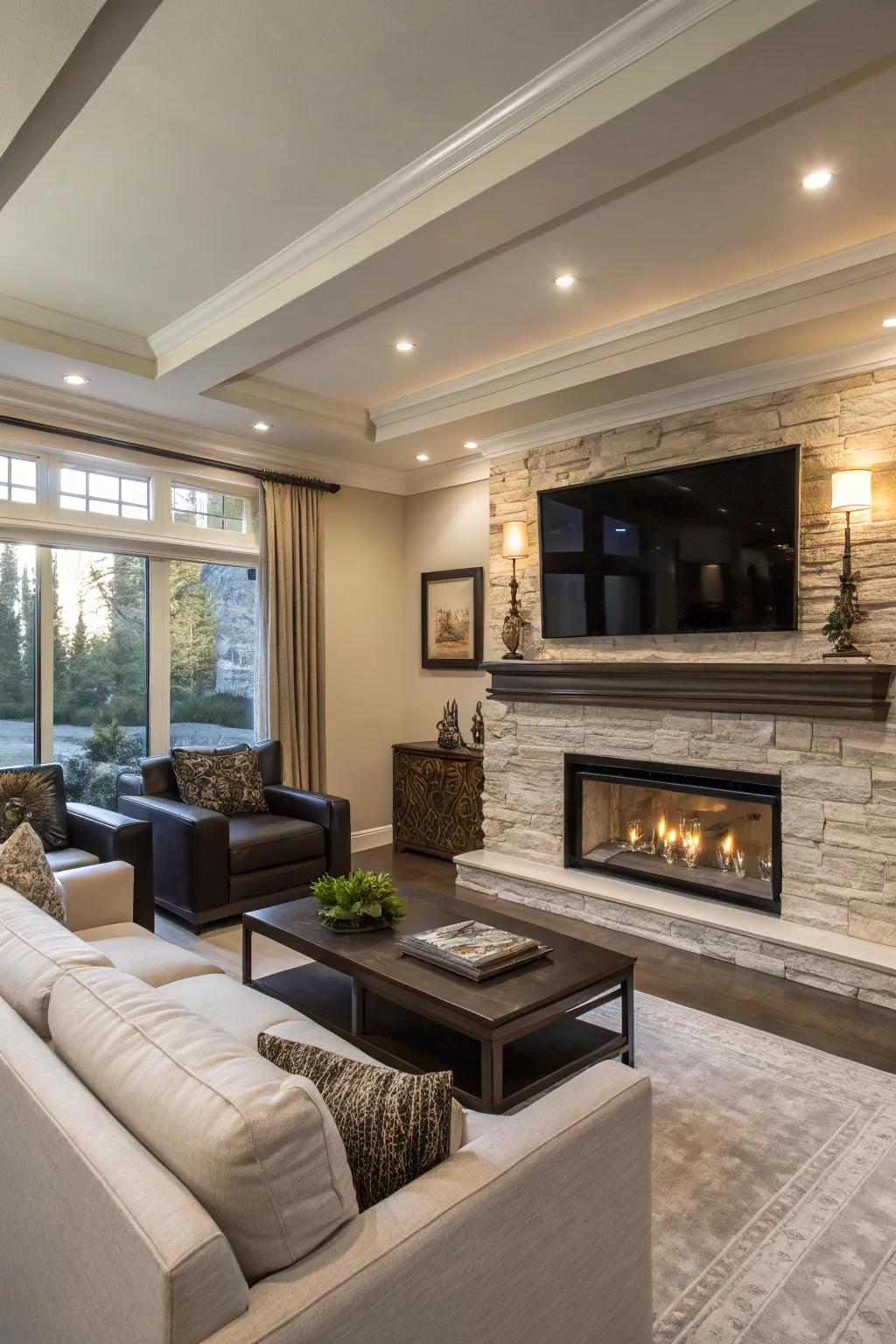 A fireplace and TV create a dynamic point of focus.