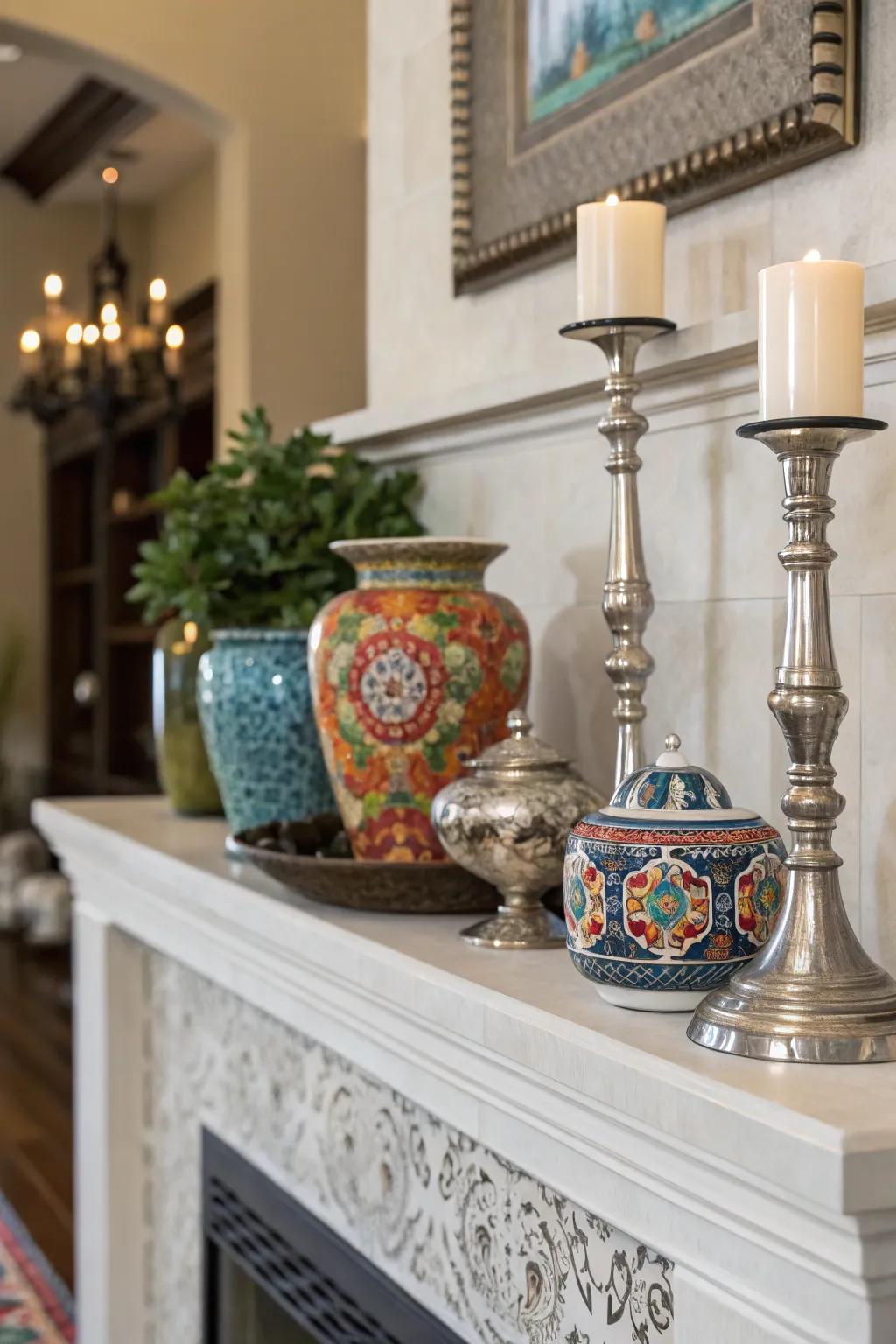 Textures and layers creating a visually stimulating mantel arrangement.