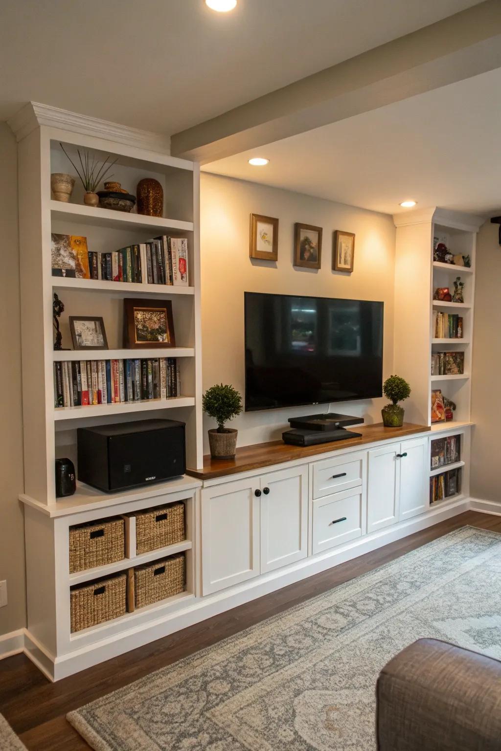 A corner media wall utilizing space efficiently, ideal for small rooms.