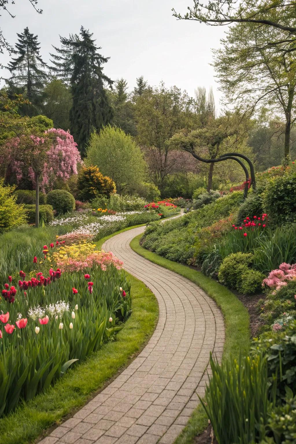 A curved garden path introducing intrigue and flow to the arrangement.