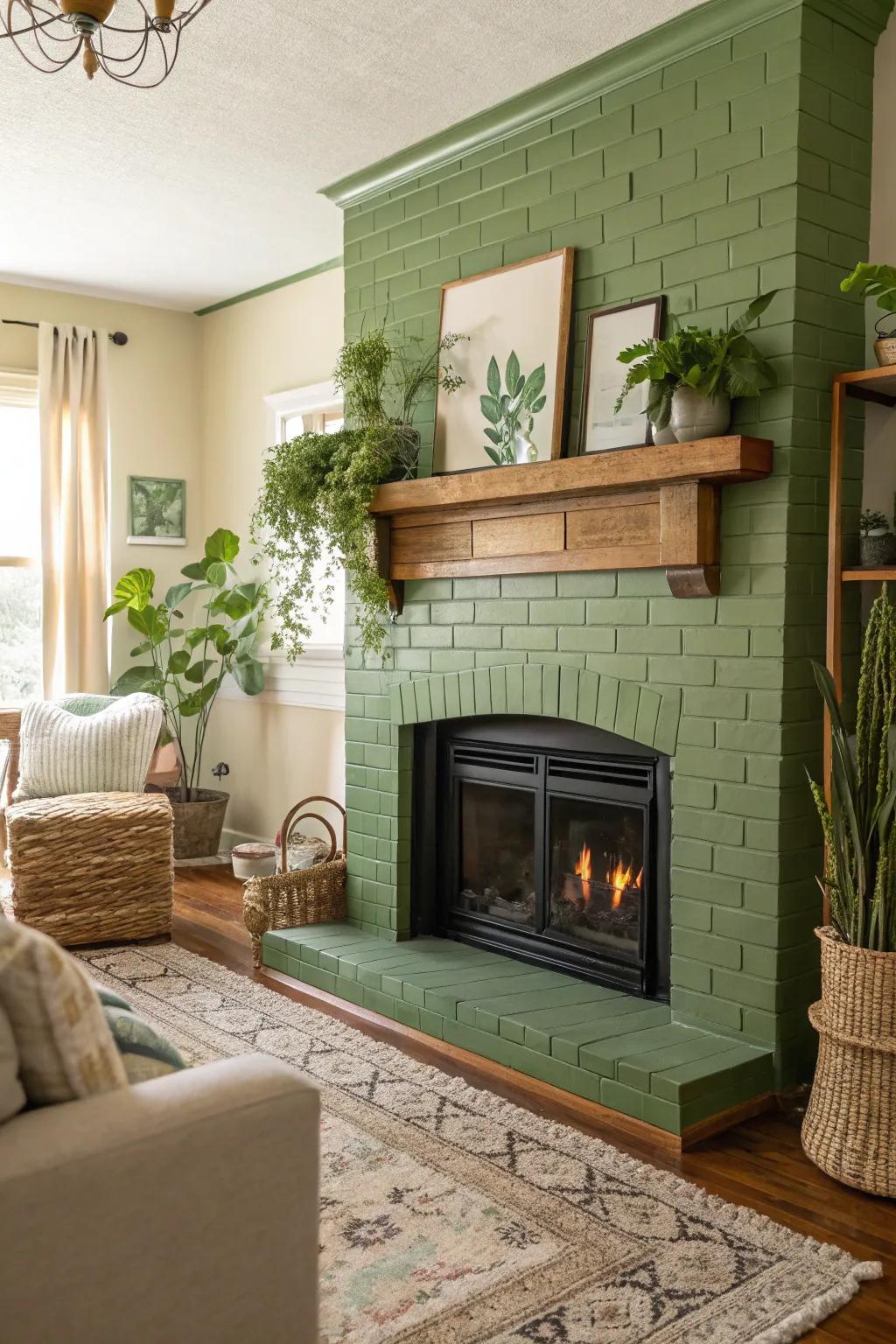 Verdant painted brick fireplace bringing nature indoors.