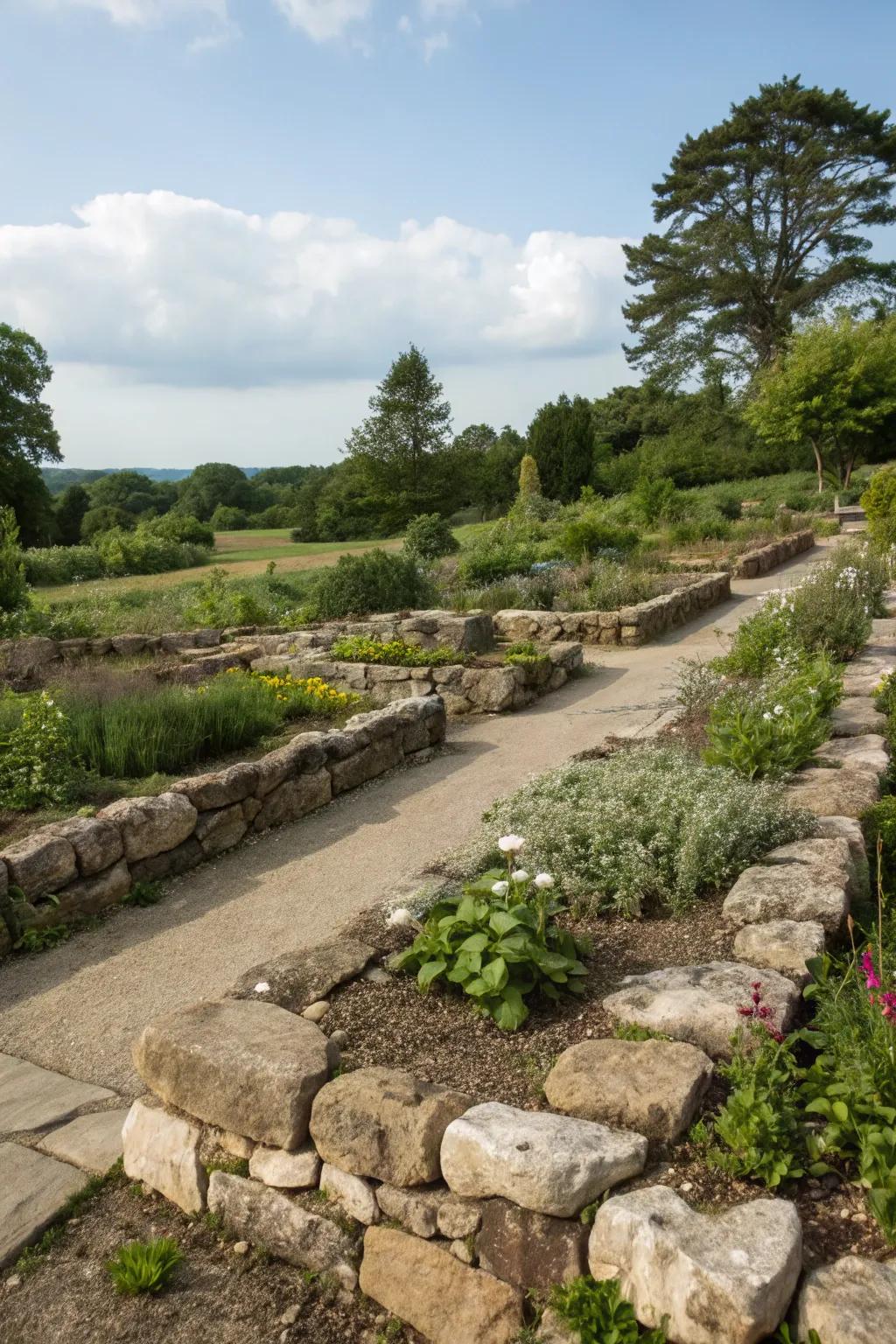 Natural borders with rocks create defined and organized garden spaces.