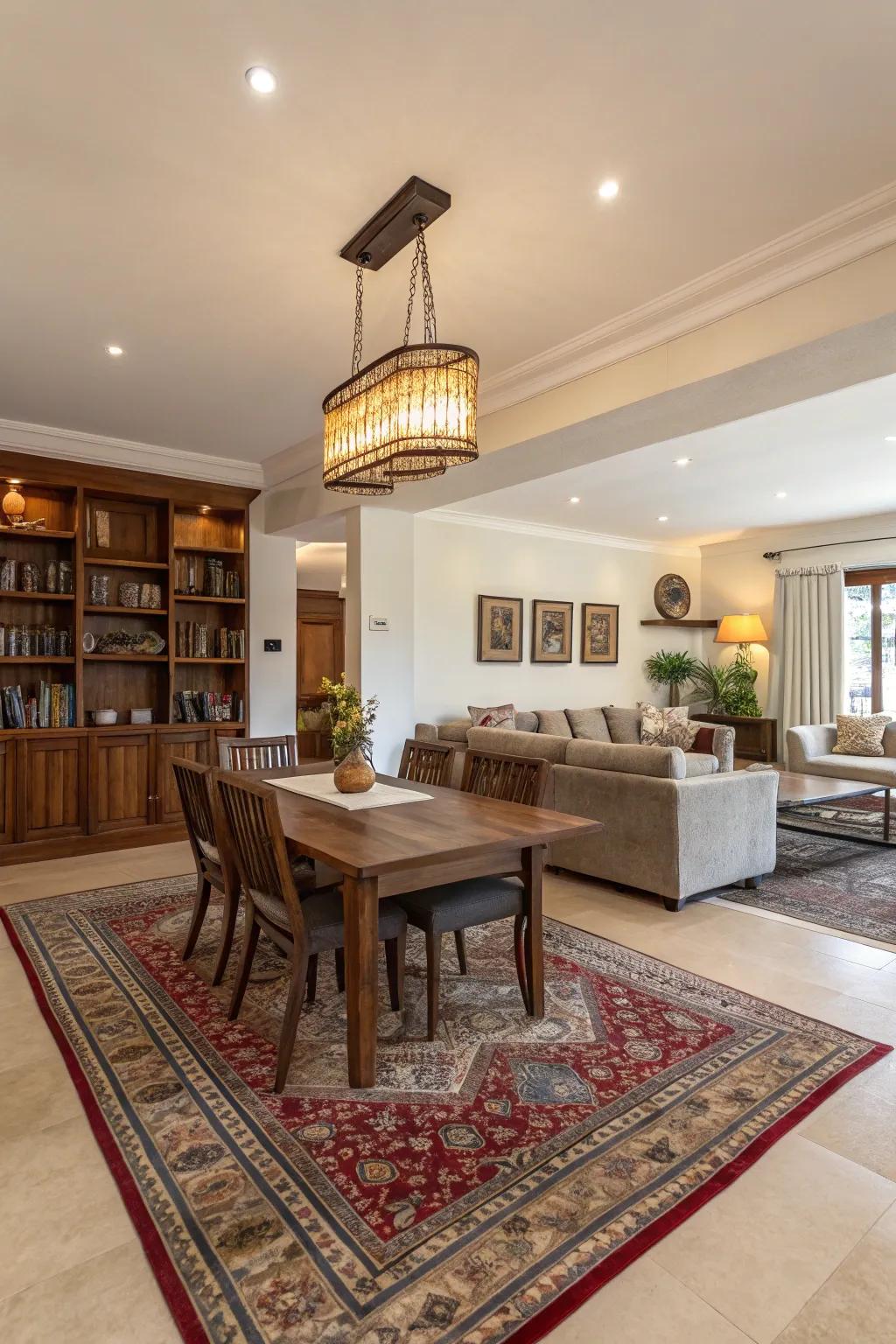 Rugs can help segment distinct areas in open-plan spaces.