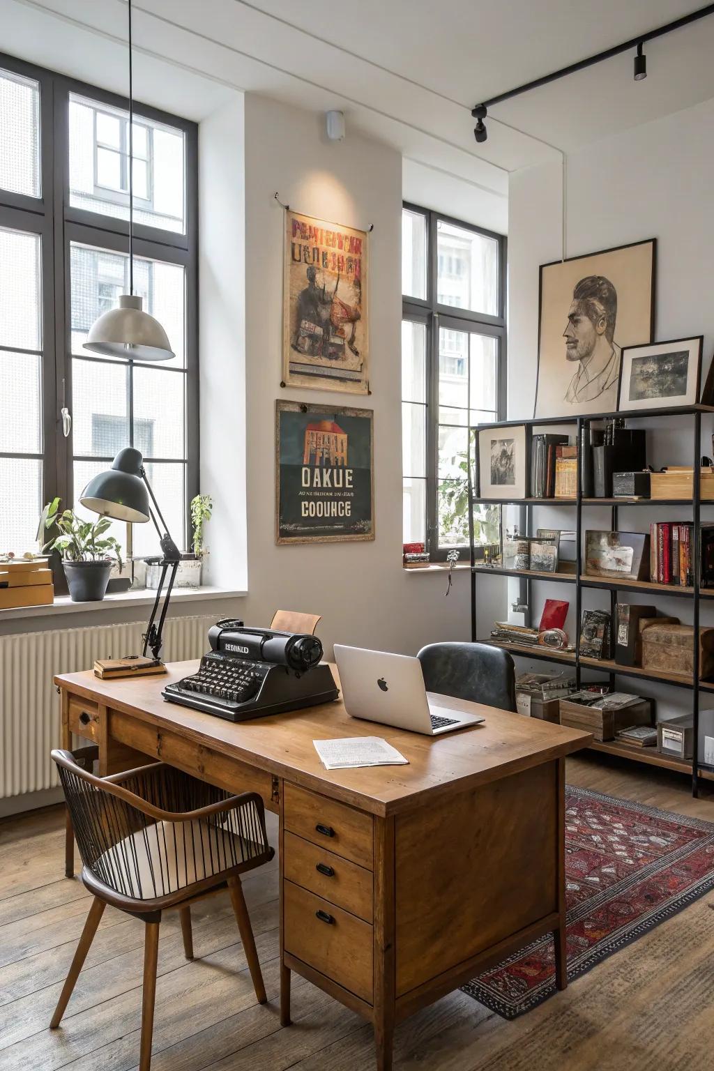 A blend of vintage and modern elements creates a unique and balanced office space.