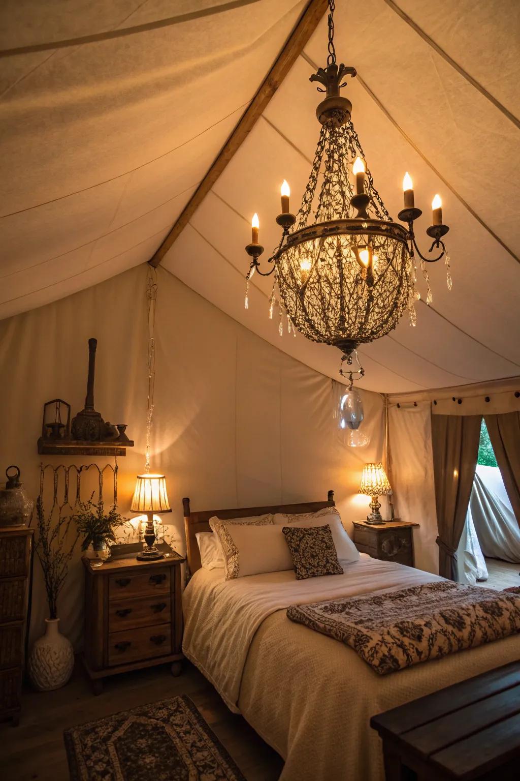 Vintage-style lighting adds charm and serves as a focal point in a shabby chic bedroom.