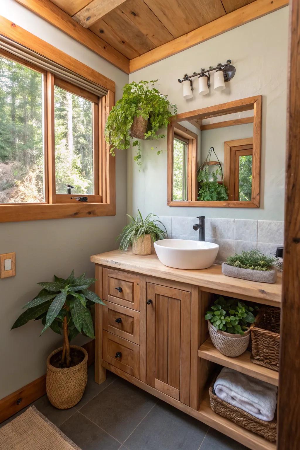 Natural elements bring warmth to this small bathroom.
