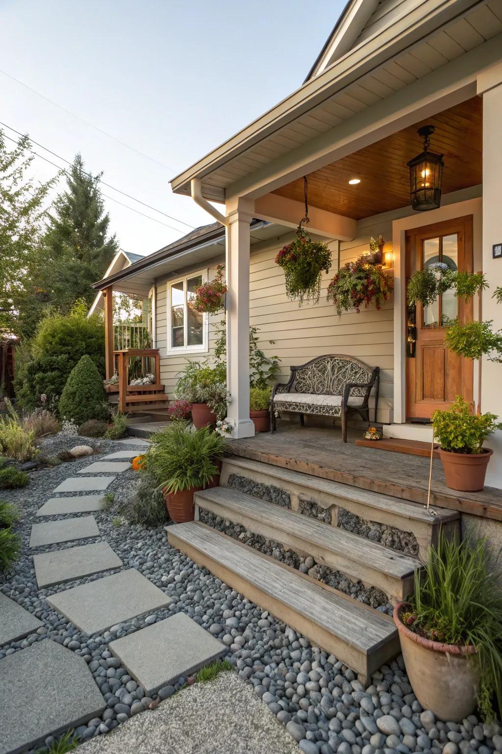 A compact front porch with stylish walkways and steps leading up to it.