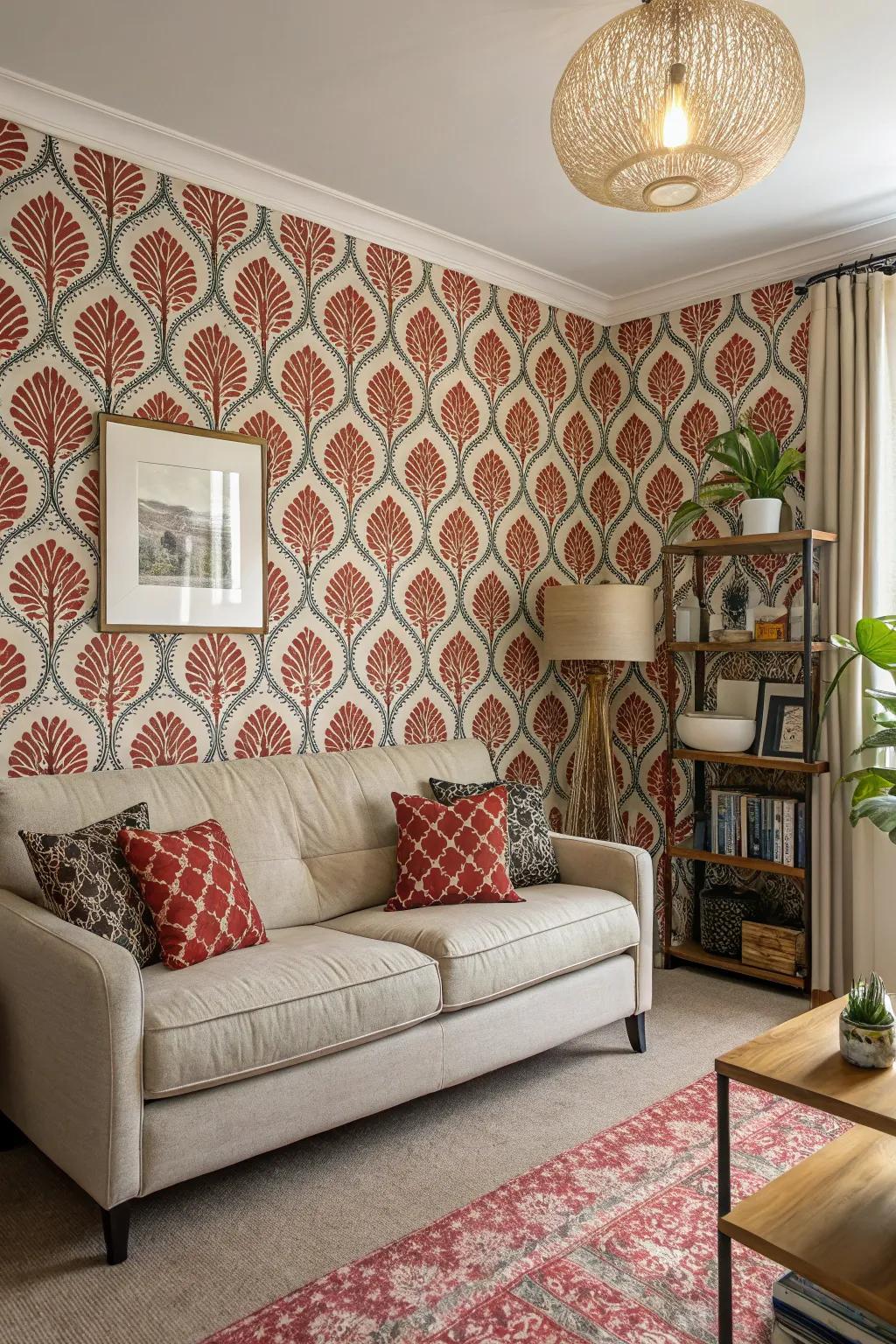 A small living room showcasing bold patterned wallpaper.