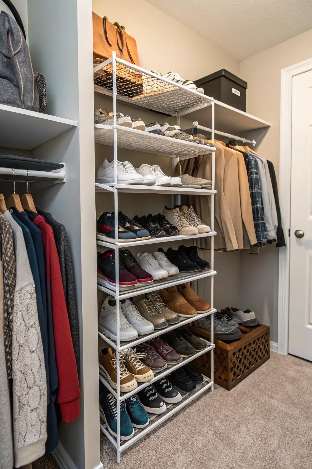 Multi-level racks maximize shoe storage efficiently.