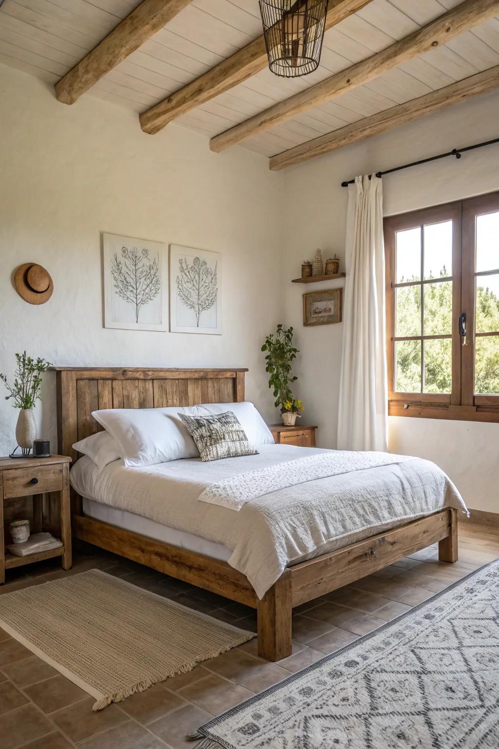 A country timber bed structure serves as an inviting focal point in a modern Spanish bedroom.