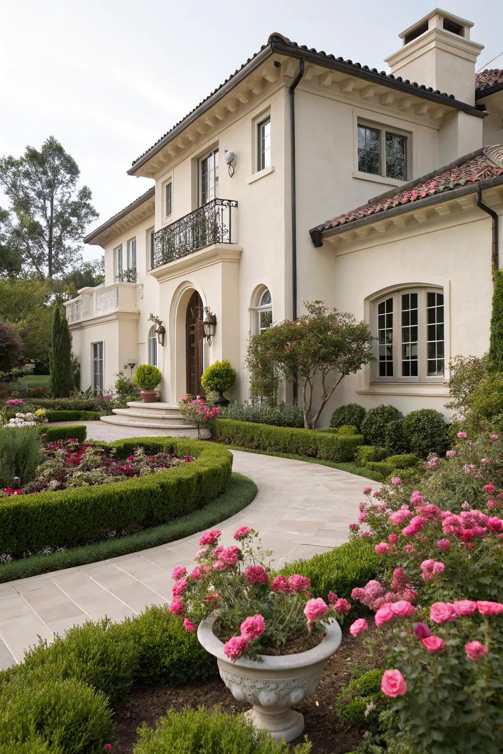 Pink tan stucco home with inviting elegance.